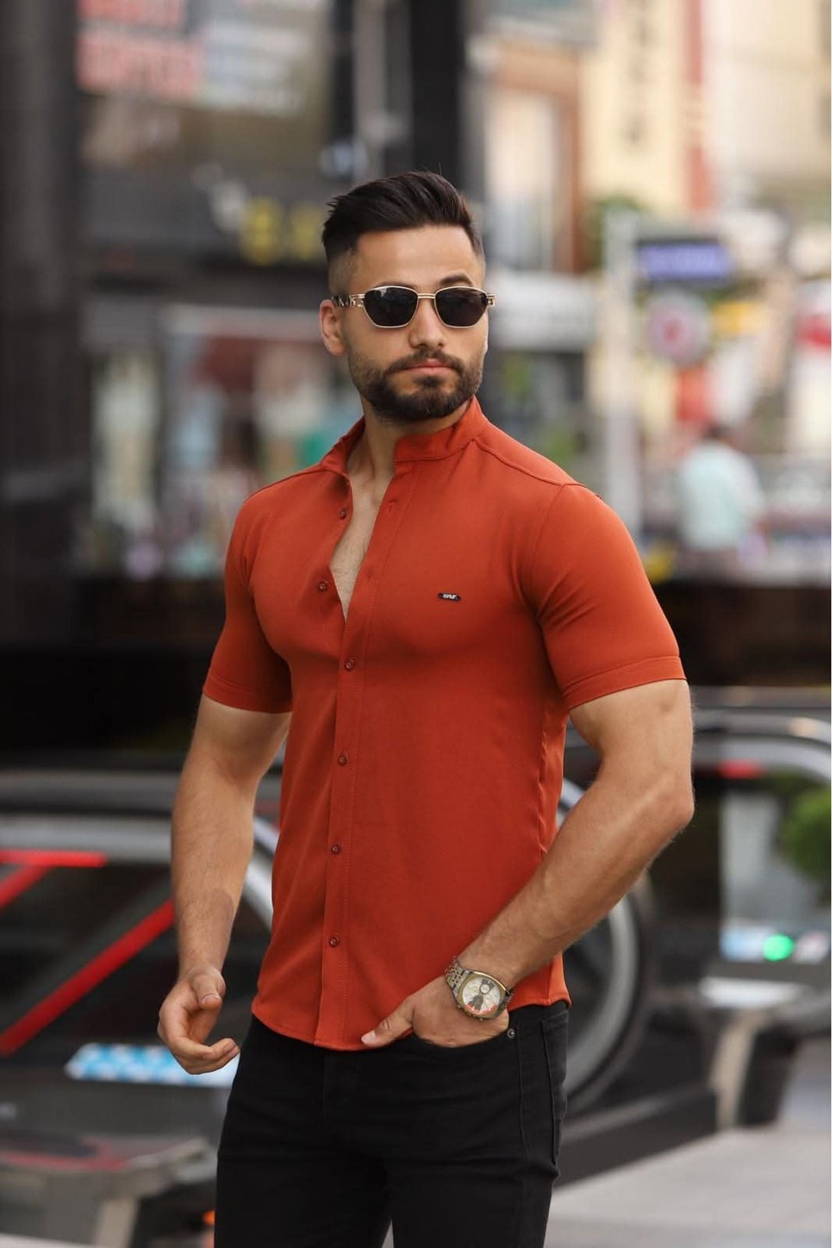 Artı1 SlimFit Kısa Kollu Kolay Ütü Teri Emen Nefes Alan Timsah Nakışlı DörtMevsim HAKİM YAKA Erkek Gömlek