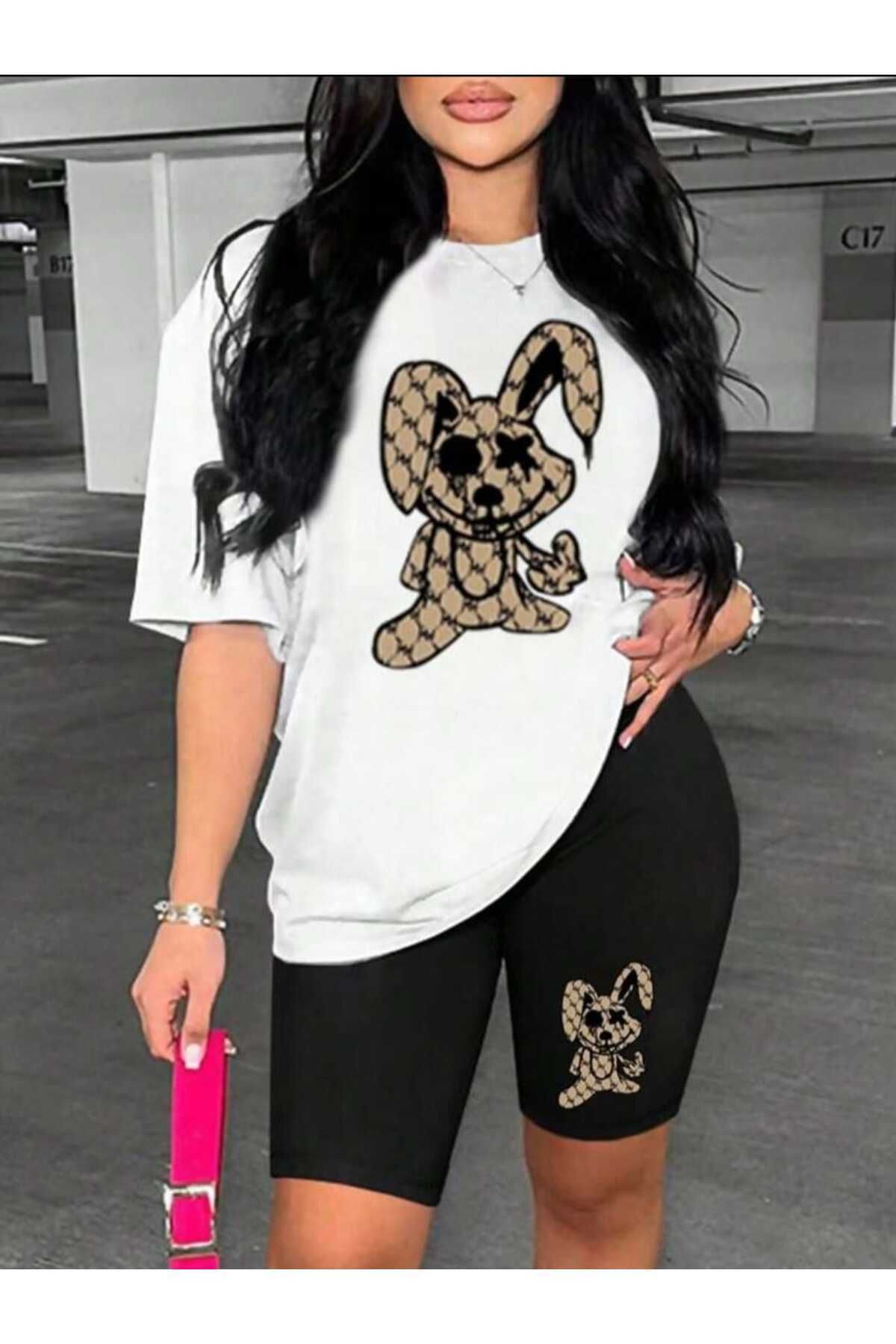 WOODROFFE Alt-Üst Tavşan Baskılı Kısa Tayt T-shirt Oversize Salaş Boyfriend Takım