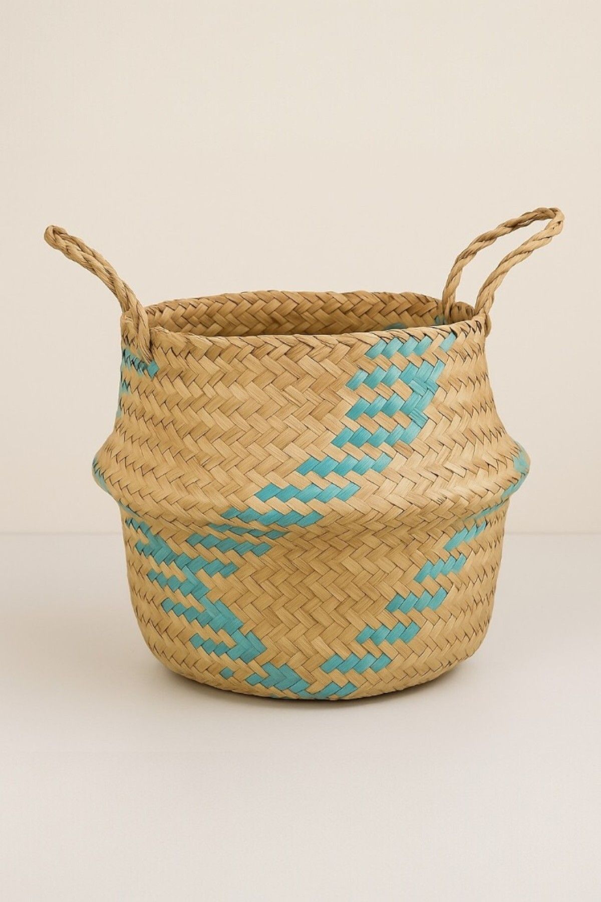 oceanpoint El Örgüsü Katlanabilir Sepet, Turkuaz Desenli Doğal Lif Organizer, Yuvarlak Dekoratif Sepet, 30 cm