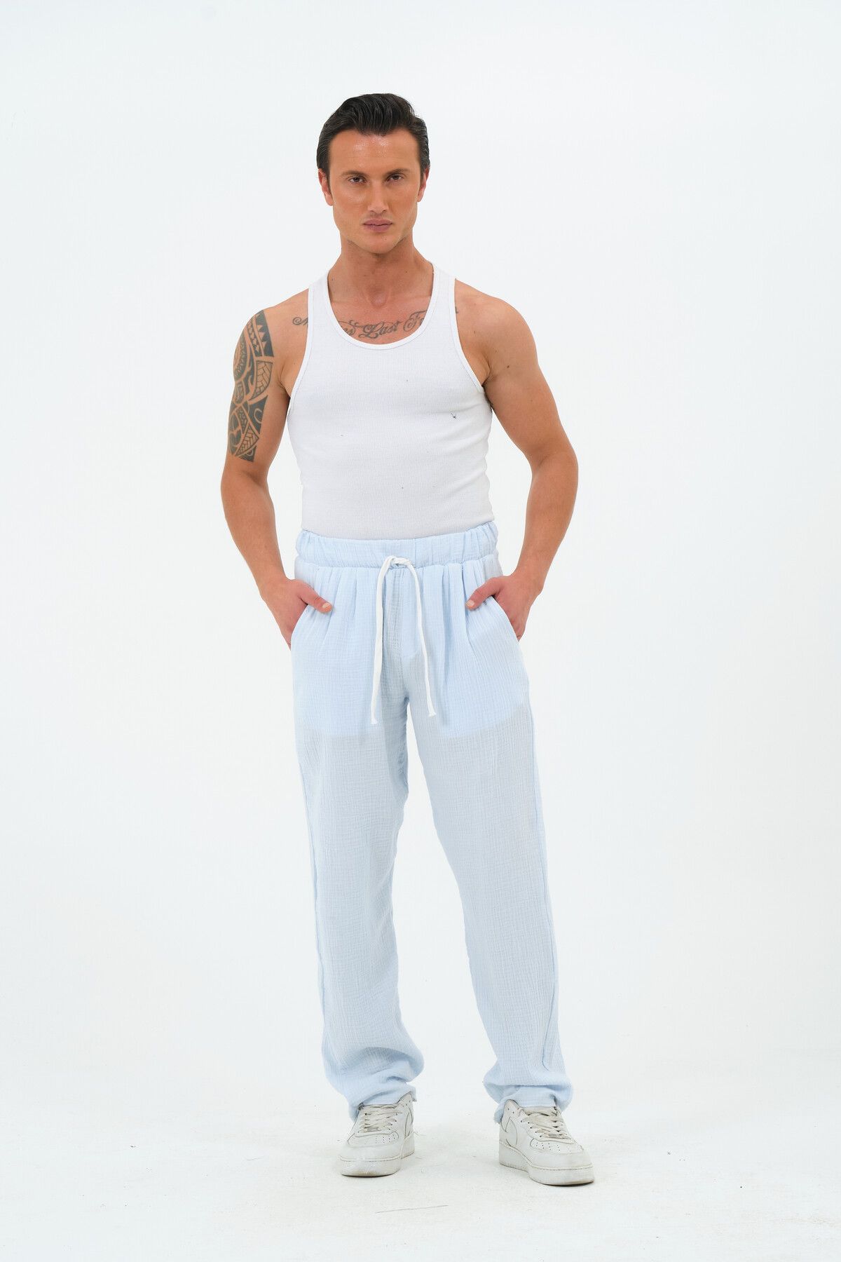 RELAXL %100 Pamuk Müslin Kumaş Salaş Kesim Yazlık Bebe Mavi Baggy Pantolon
