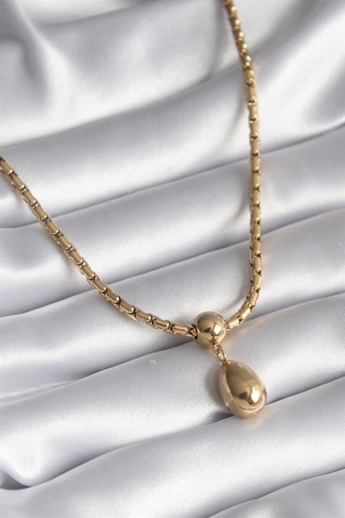 Lale Moda 316L Çelik Gold Renk Yılan Sırtı Zincir Model Damla Sallantı Kadın Kolye