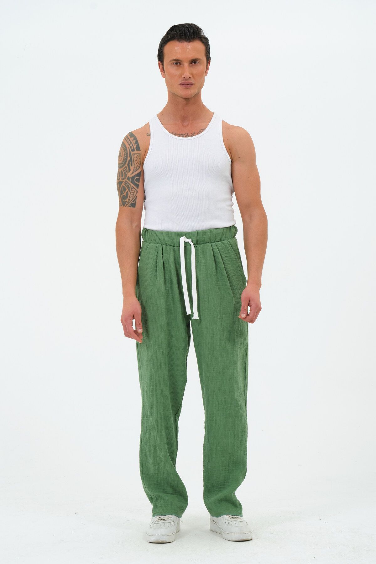 RELAXL %100 Pamuk Efil Efil Hafif Müslin Kumaş Benetton Yeşil Baggy Pantolon