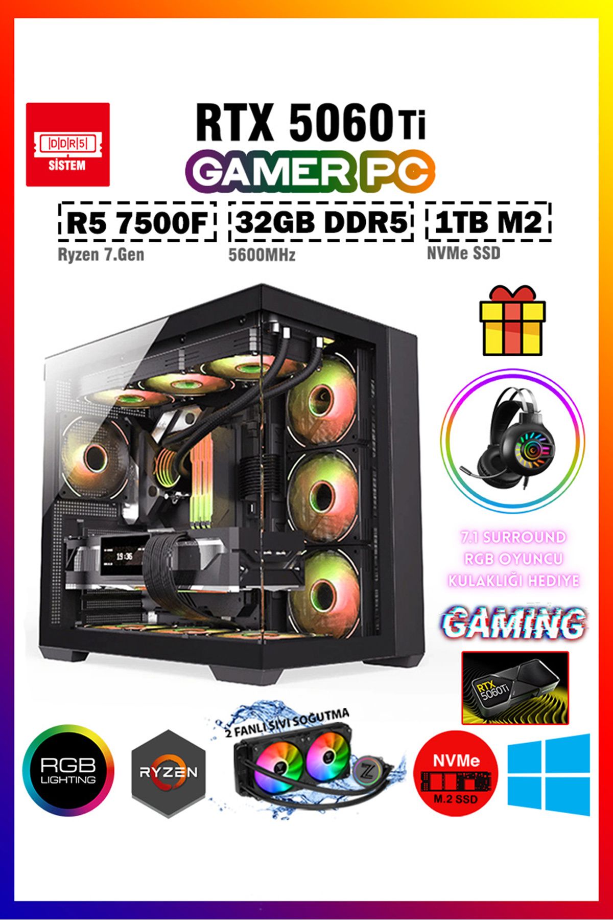 Gamepage G-Palace X09 R5 7500F DDR5 32GB 5600MHZ 1tb M2 SSD 8gb RTX5060TI Sıvı Soğutmalı Oyuncu Bilgisayarı