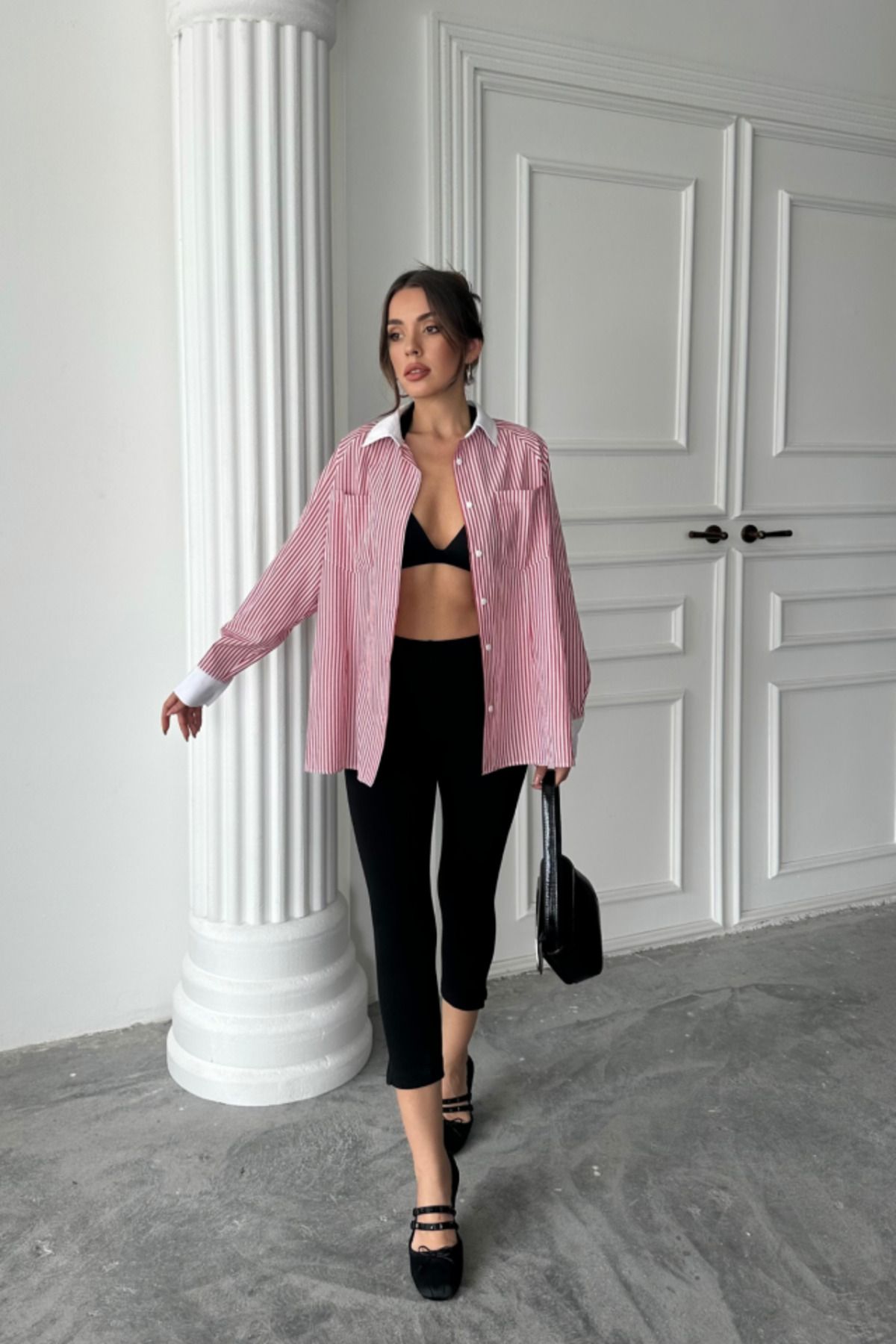 1001moda YAKA VE MANŞET BEYAZ BOYFRİEND ÇİZGİLİ POPLİN GÖMLEK - Bordo