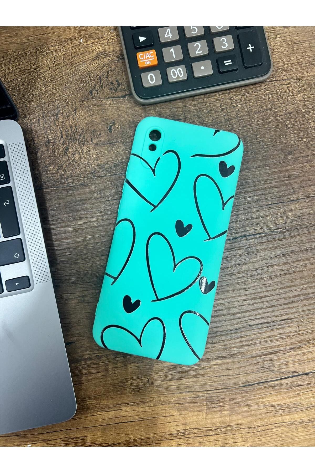 HZR Xiaomi Redmi 9A Kalp Desenli Turkuaz Silikon Kılıf