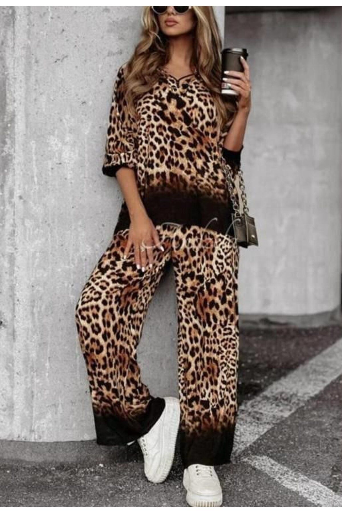 1001moda Kadın Dalgıç Kumaş Leopar Desenli Fermuar Detaylı Ikili Takım
