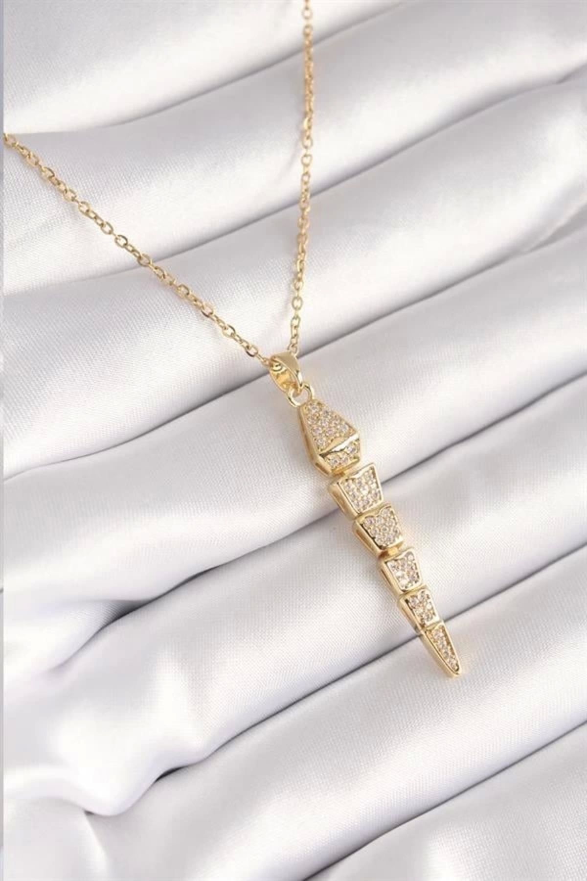 Lale Moda 316L Çelik Gold Renk Zirkon Taşlı Sallantı Yılan Model Kadın Kolye