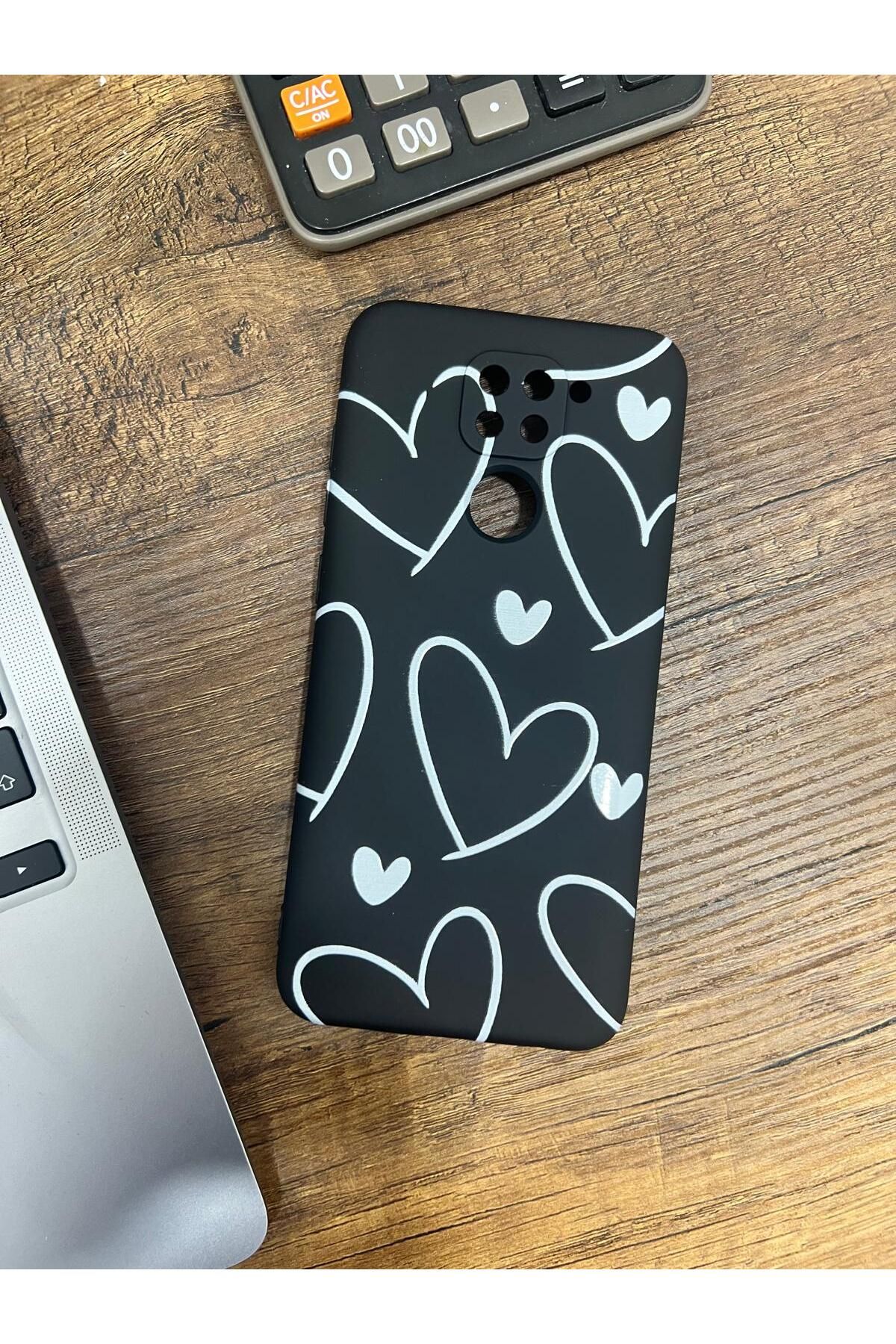 HZR Xiaomi Redmi Note 9 Kalp Desenli Siyah Silikon Kılıf