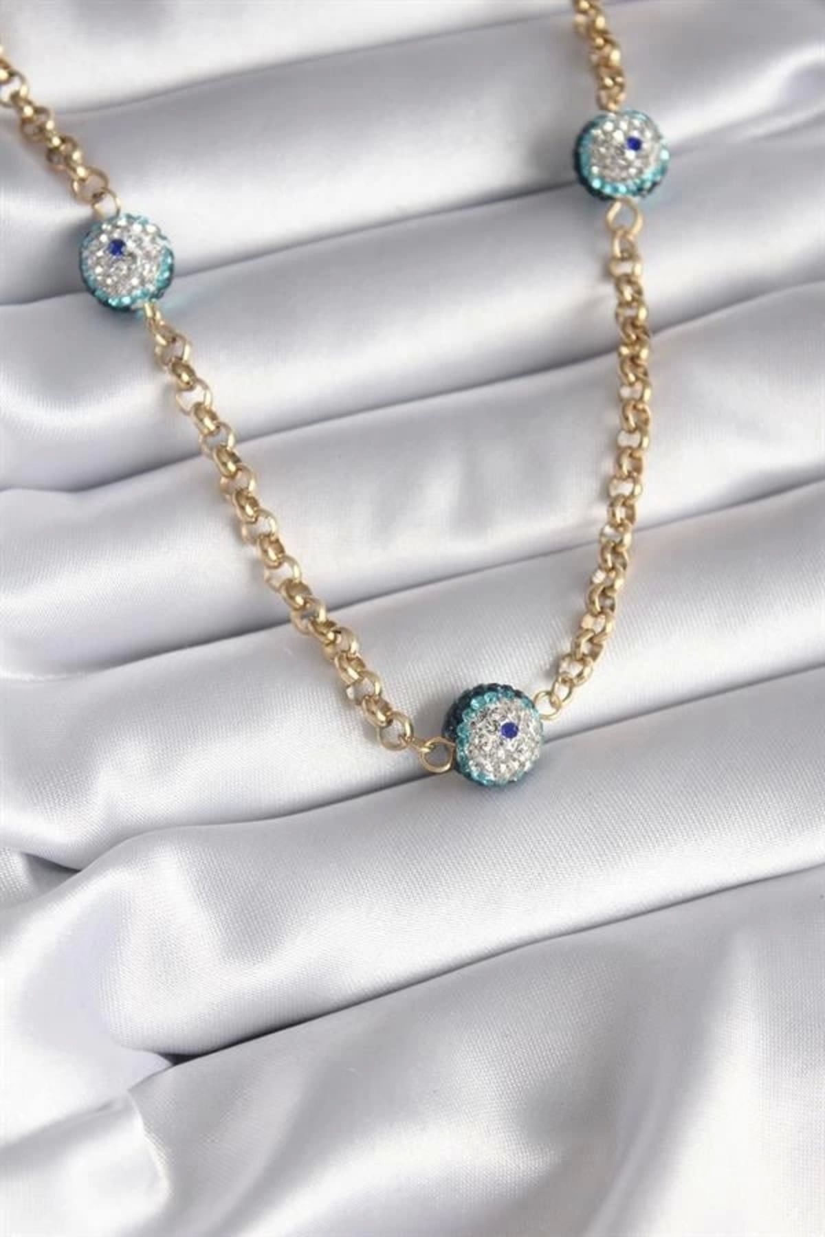 Lale Moda 316L Çelik Gold Renk Taşlı Nazar Boncuklu Kadın Kolye