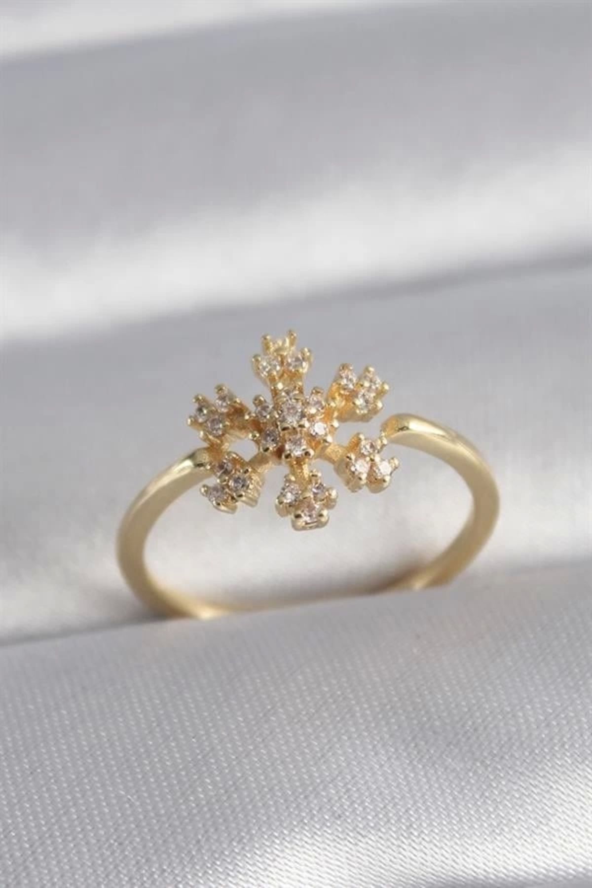 Lale Moda Pirinç Gold Renk Zirkon Taşlı Kar Tanesi Model Kadın Yüzük