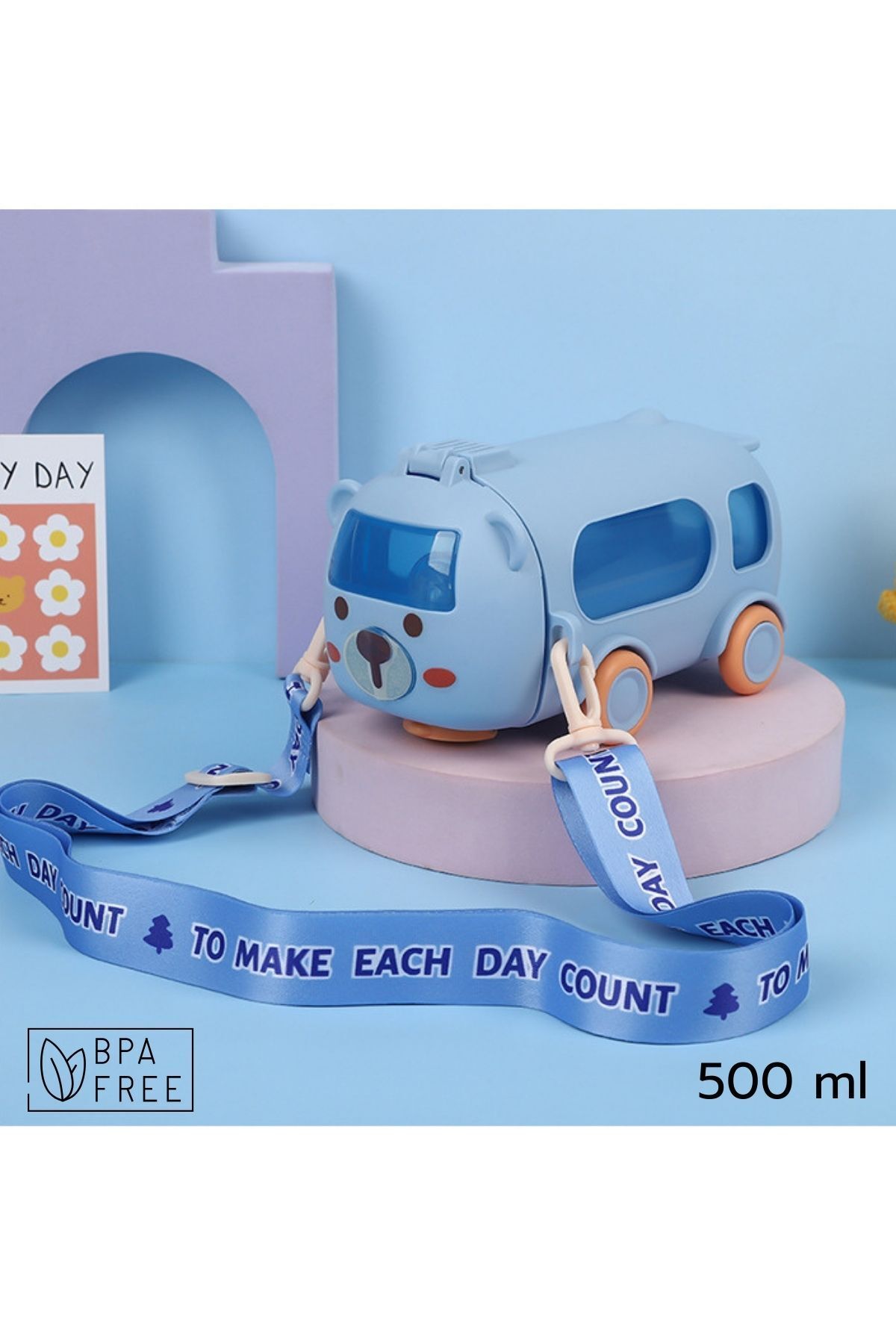 ARVALE Sevimli Mini Araç Tasarımlı Pipetli Matara - 500 ml | Tekerlekli ve Boyun Askılı | BPA Free