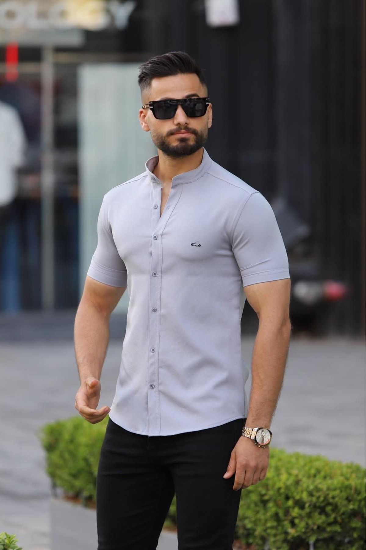 Artı1 SlimFit Kısa Kollu Kolay Ütü Teri Emen Nefes Alan Timsah Nakışlı DörtMevsim HAKİM YAKA Erkek Gömlek