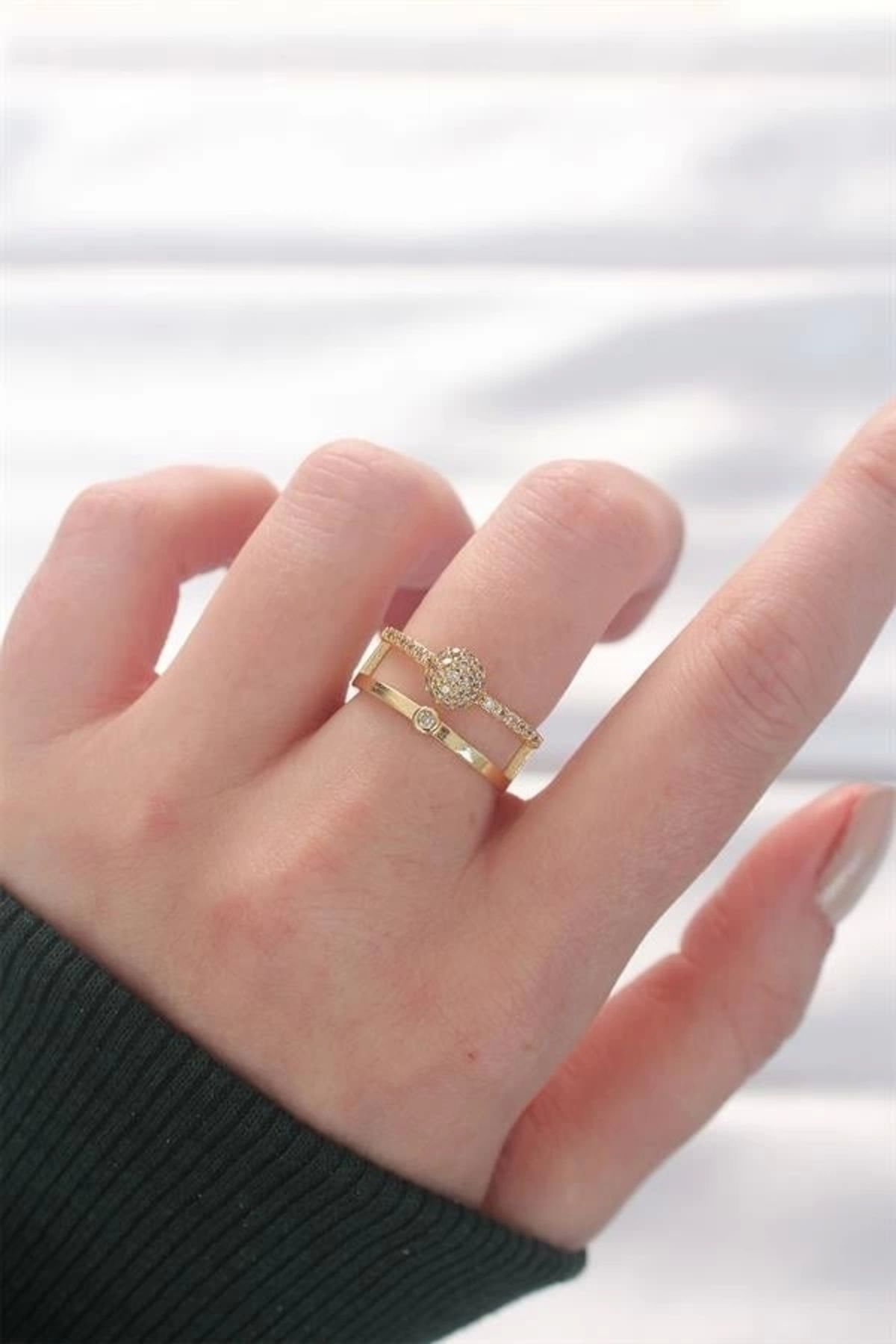 Lale Moda 2li Görünümlü Topçuk Model Gold Renk Ayarlanabilir Yüzük