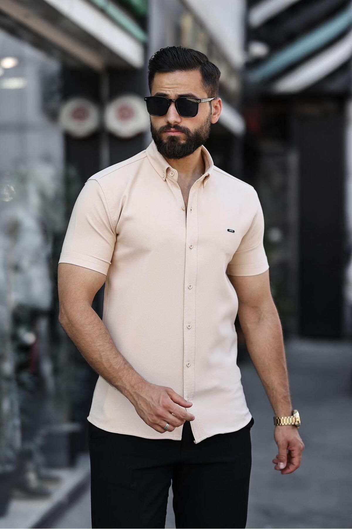Artı1 Slim Fit Kısa Kollu Kolay Ütü Teri Emen Nefes Alan Timsah Nakışlı Dört Mevsim Erkek Gömlek