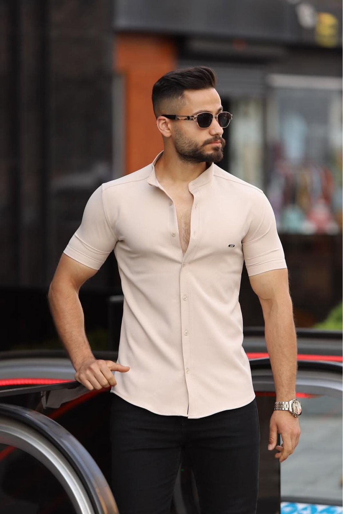 Artı1 SlimFit Kısa Kollu Kolay Ütü Teri Emen Nefes Alan Timsah Nakışlı DörtMevsim HAKİM YAKA Erkek Gömlek