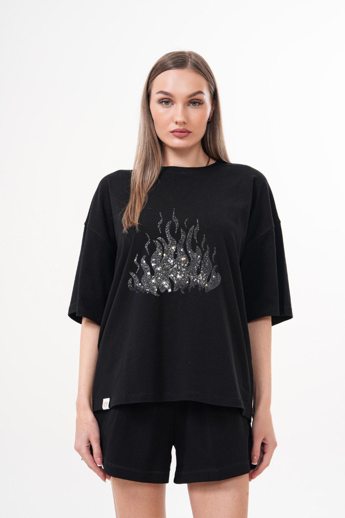 LOU MODA -KADIN TAŞ BASKILI TSHIRT-ŞORT TAKIMI OVERSİZE