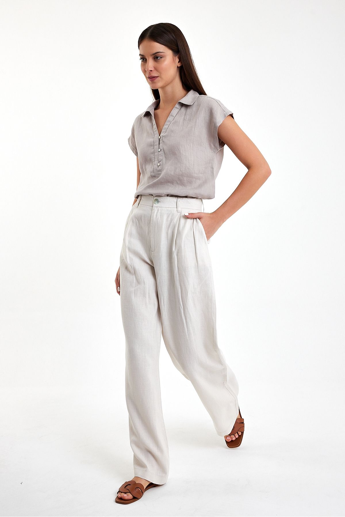 VENA Wide Leg Keten Palazzo Pantolon - EKRU