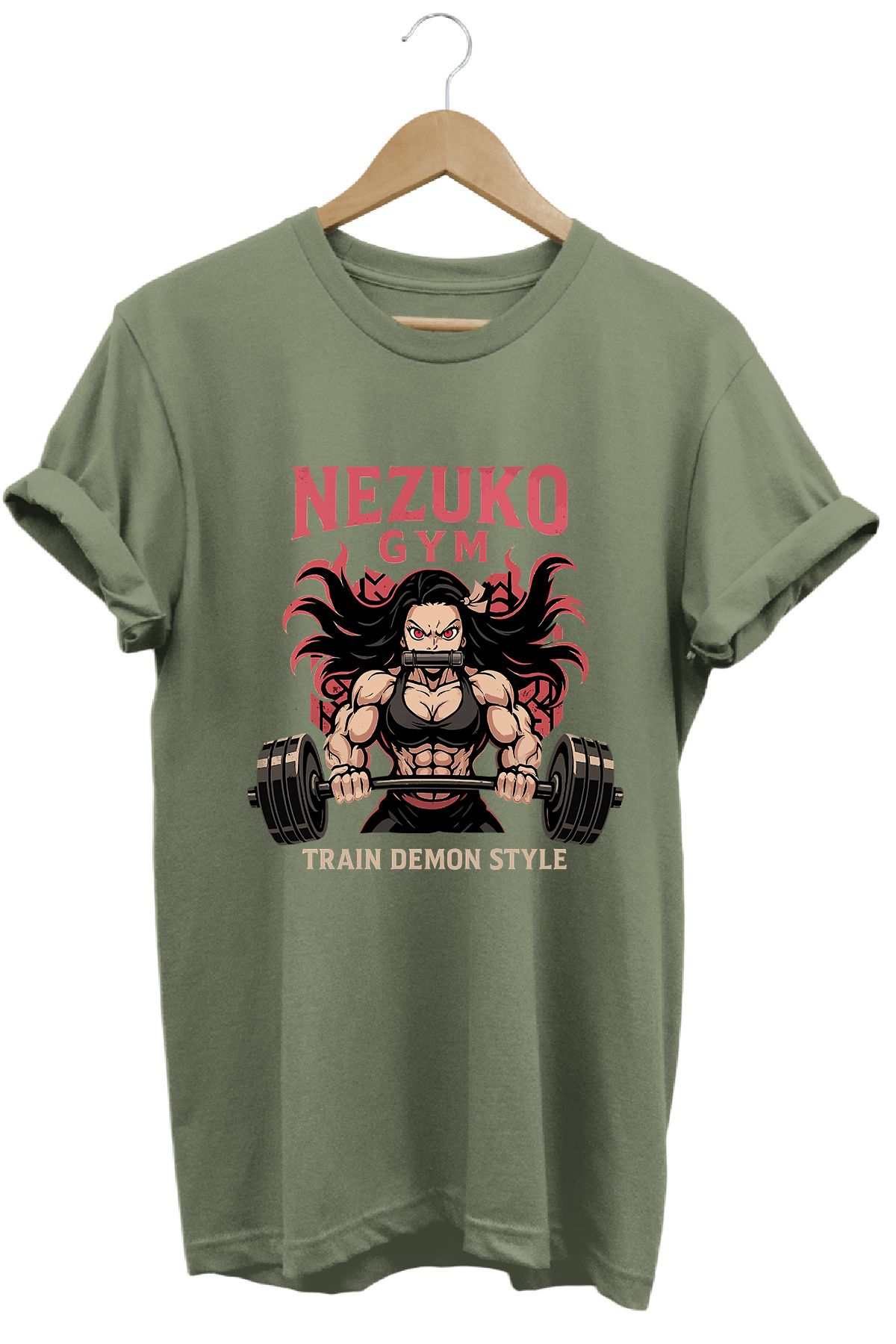 remonz Kadın Nezuko Gym Baskılı Regular Fit %100 Pamuklu Tişört Geniş Renk ve Beden