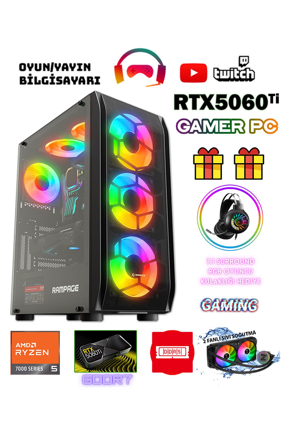 Gamepage G-Palace X15 Ryzen 7 5700X 32GB Ram 1tb M.2 SSD 8gb Gddr7 RTX5060TI Sıvı Soğutmalı Oyuncu Bilgisayar