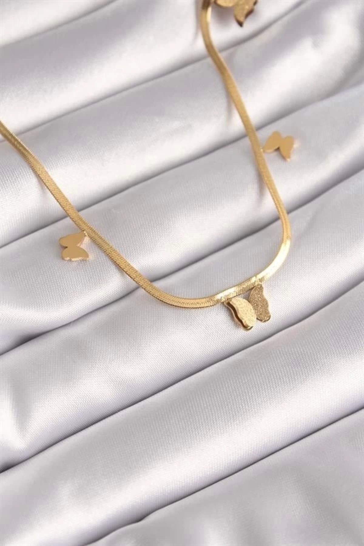 Lale Moda 316L Çelik Gold Renk İtalyan Zincir Simli Kelebek Figür Kadın Kolye
