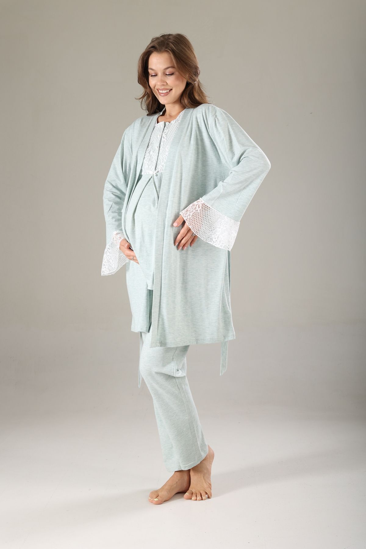 LOHOUSE Kadın Su Yeşil Melanj Dantel Tasarım Pamuklu Lohusa Hamille Sabahlıklı 3'lü Lohusa Pijama Takım Set