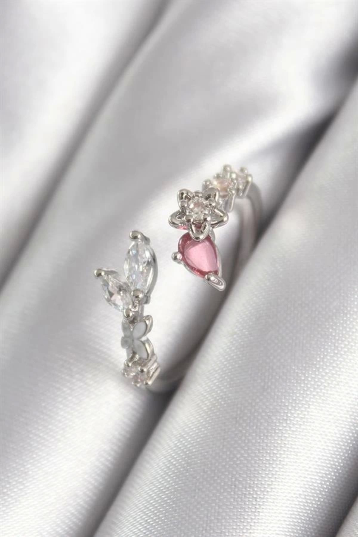 Lale Moda Pirinç Gümüş Renk Pembe Zirkon Taş Detay Yıldız Detay Kadın Yüzük