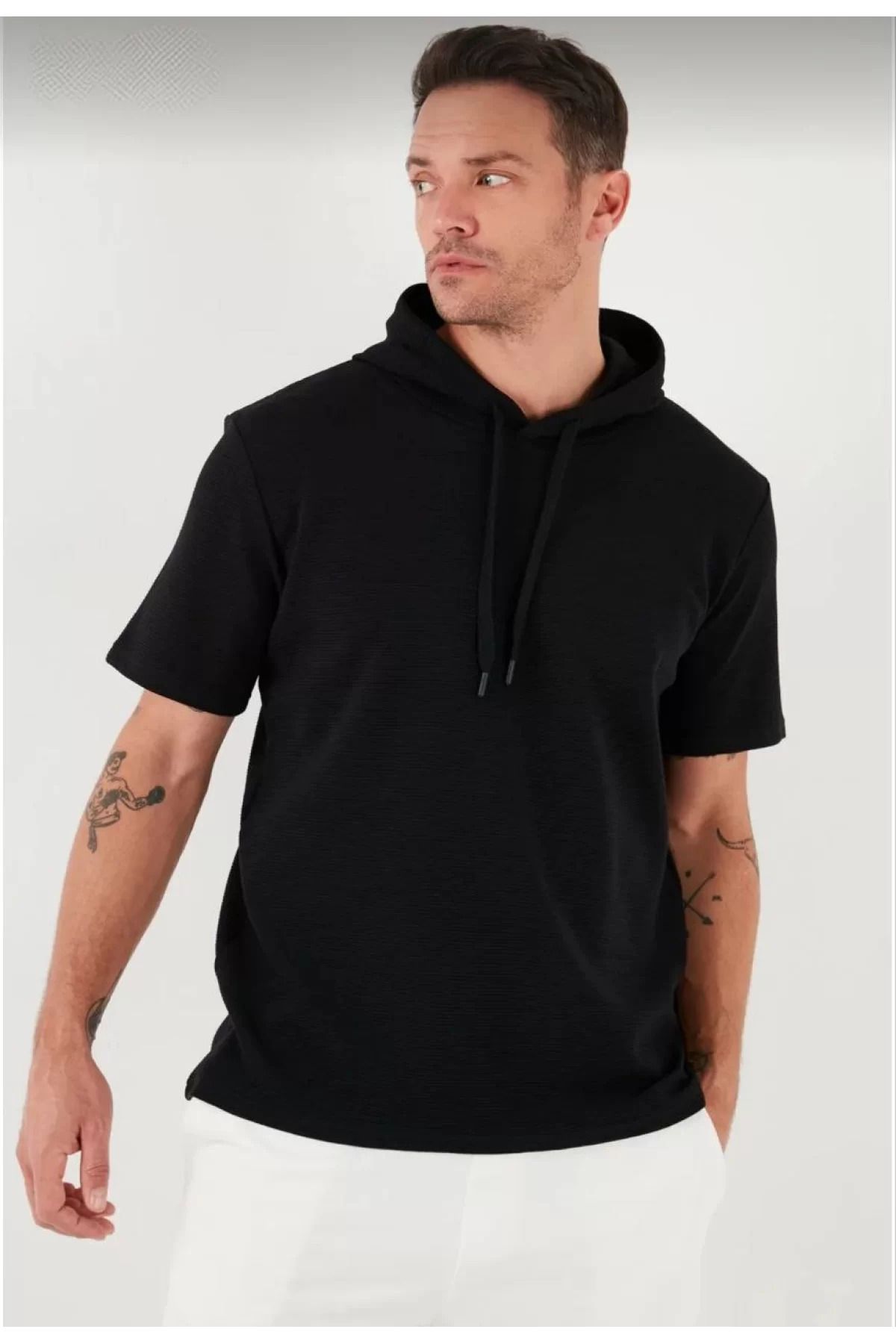 İndigo Park Oversize Erkek Tişört Modelleri Unisex Kapşonlu Kısa Kol Düz Oversize T-shirt - Siyah