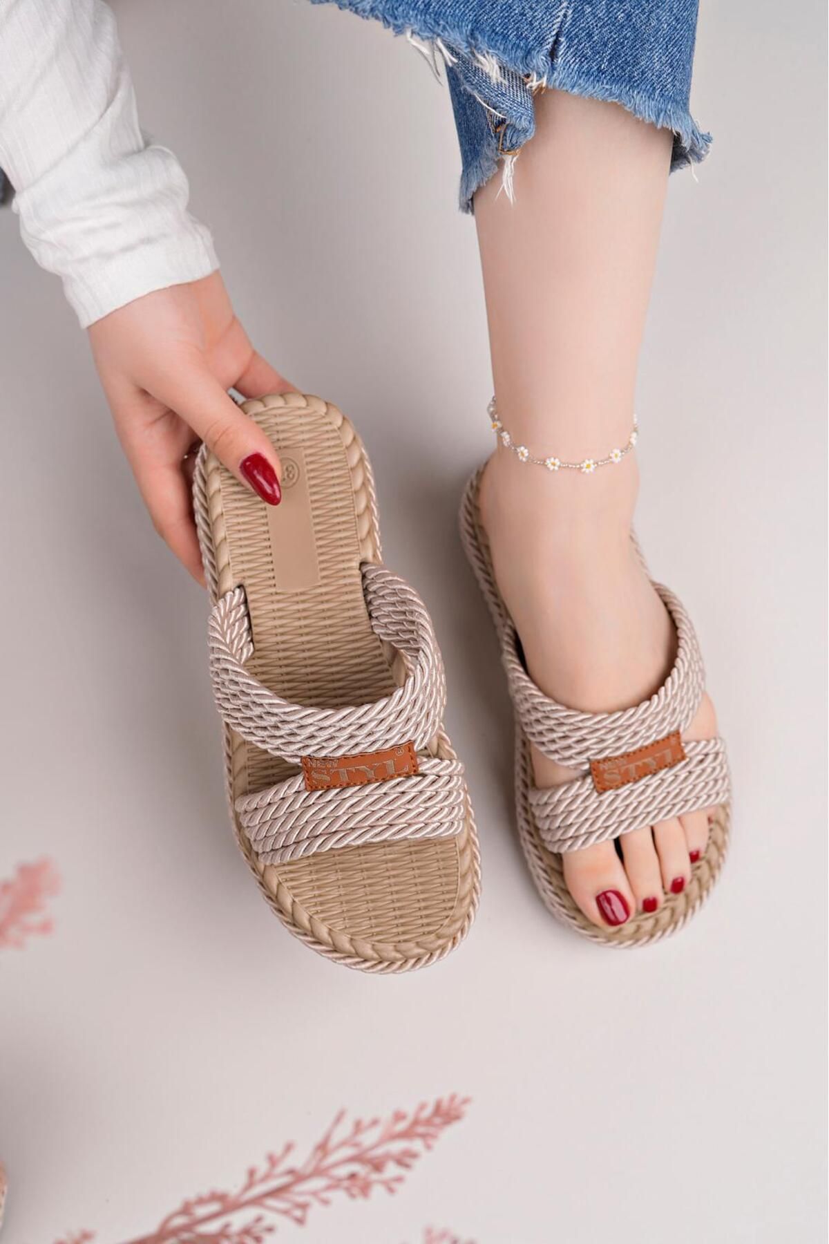 MODA MHS Kadın Ortopedik Yumuşak Taban Günlük Giyimlik Halatlı Kadın Terliği