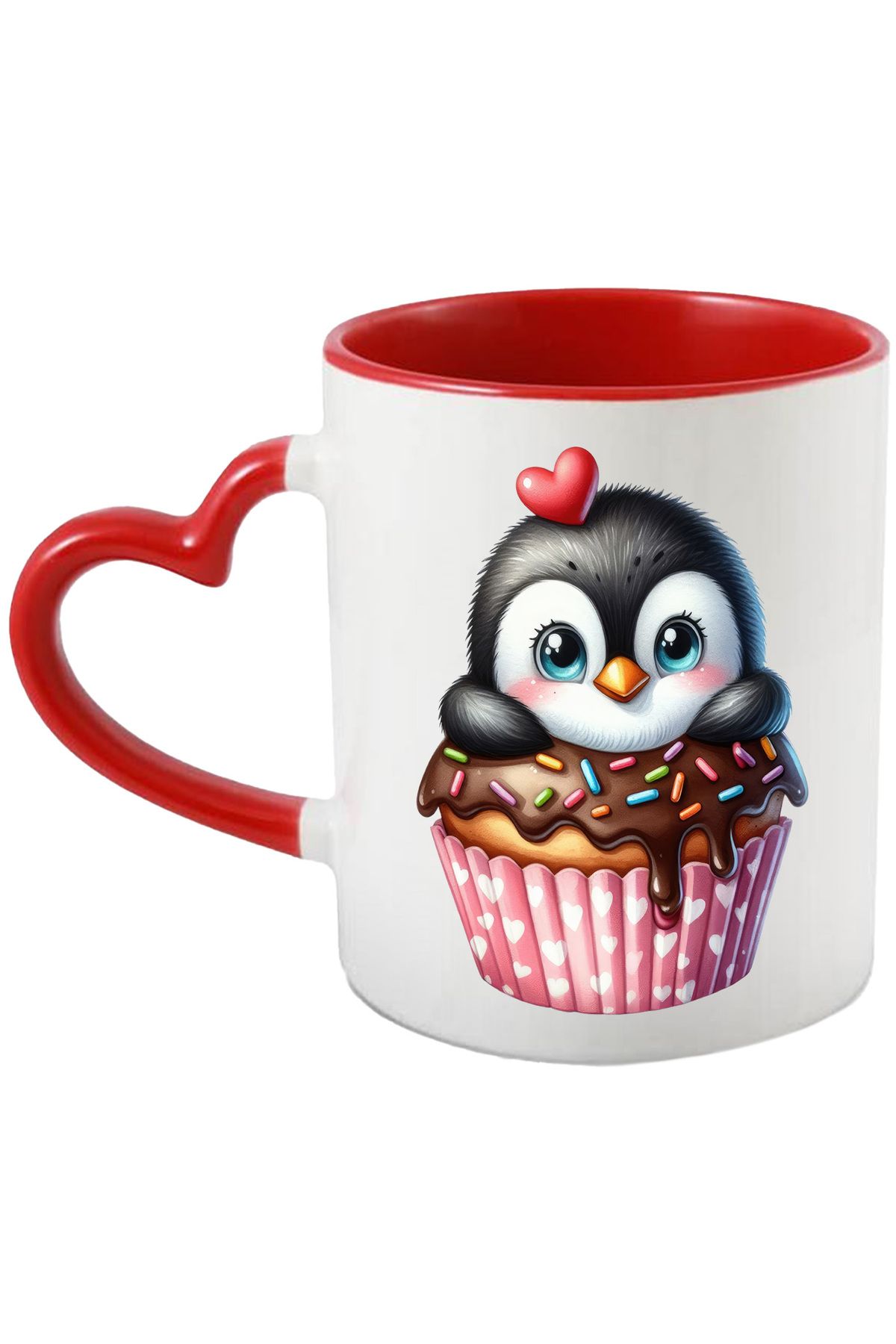 StoryGift Romania Cana Cu Un Pinguin Care Sta Intr-o Briosa, Ilustratie, Inimioare, Dulce, Prajitu, Cu ,stg - One Size