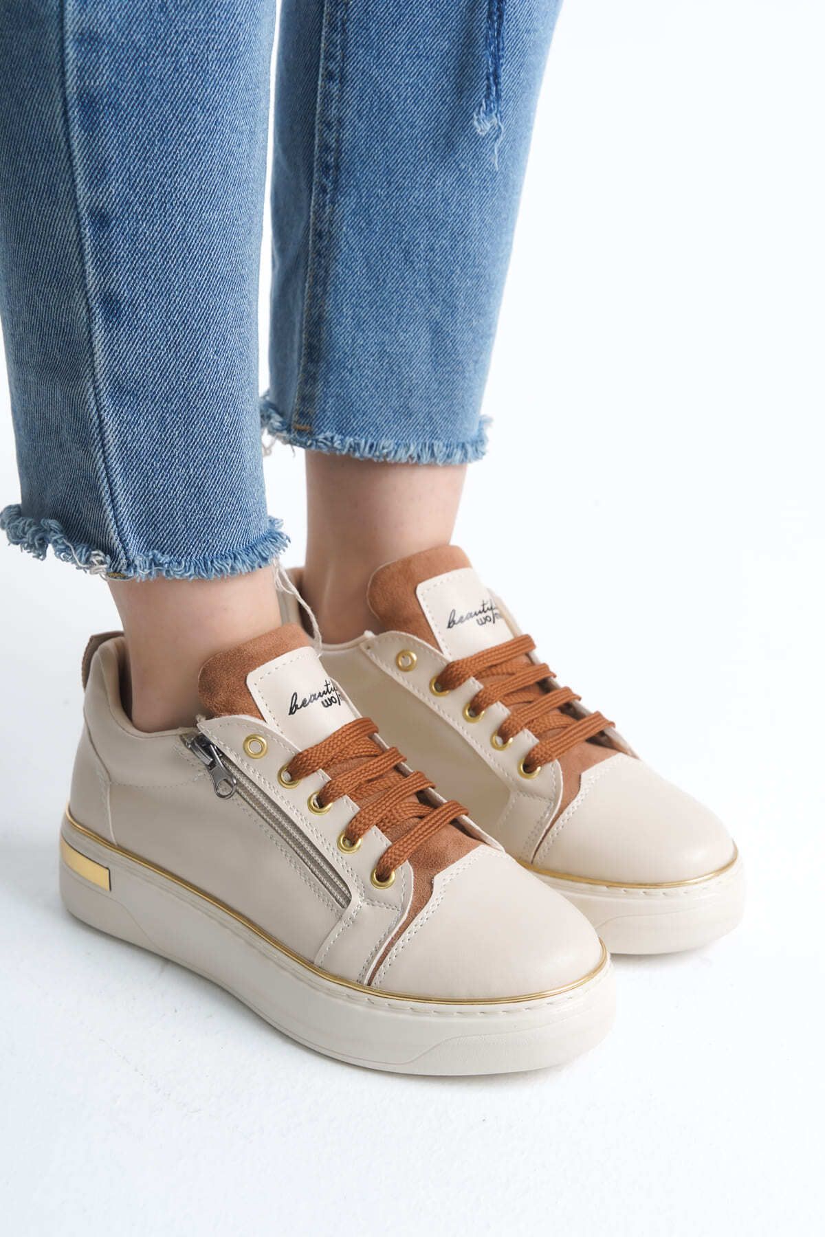Joy DINA Bağcıklı Fermuarlı Ortopedik Taban Kadın Sneaker Spor Ayakkabı KT - Krem/Taba/Altın