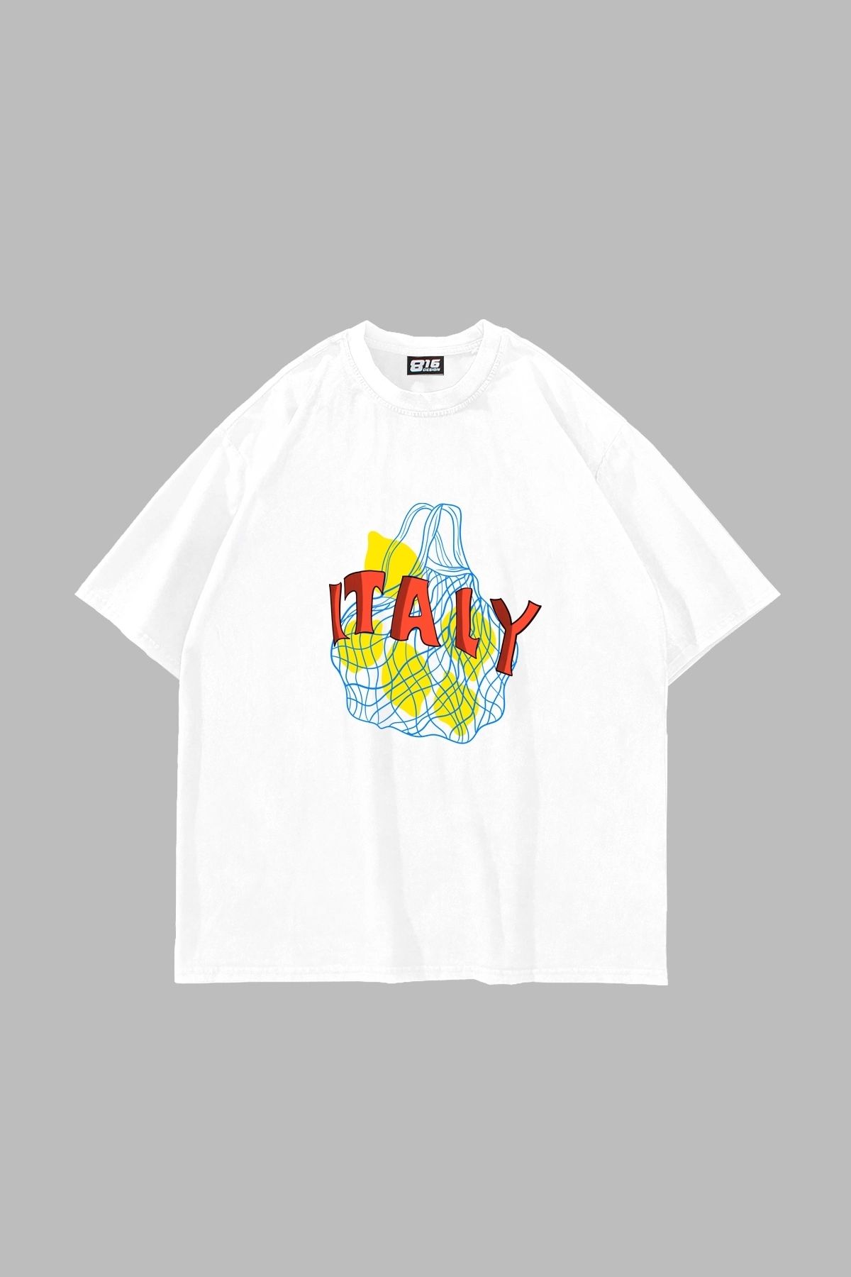 Bak Moda İtaly Lemon Baskılı Oversize Unisex Beyaz Tshirt