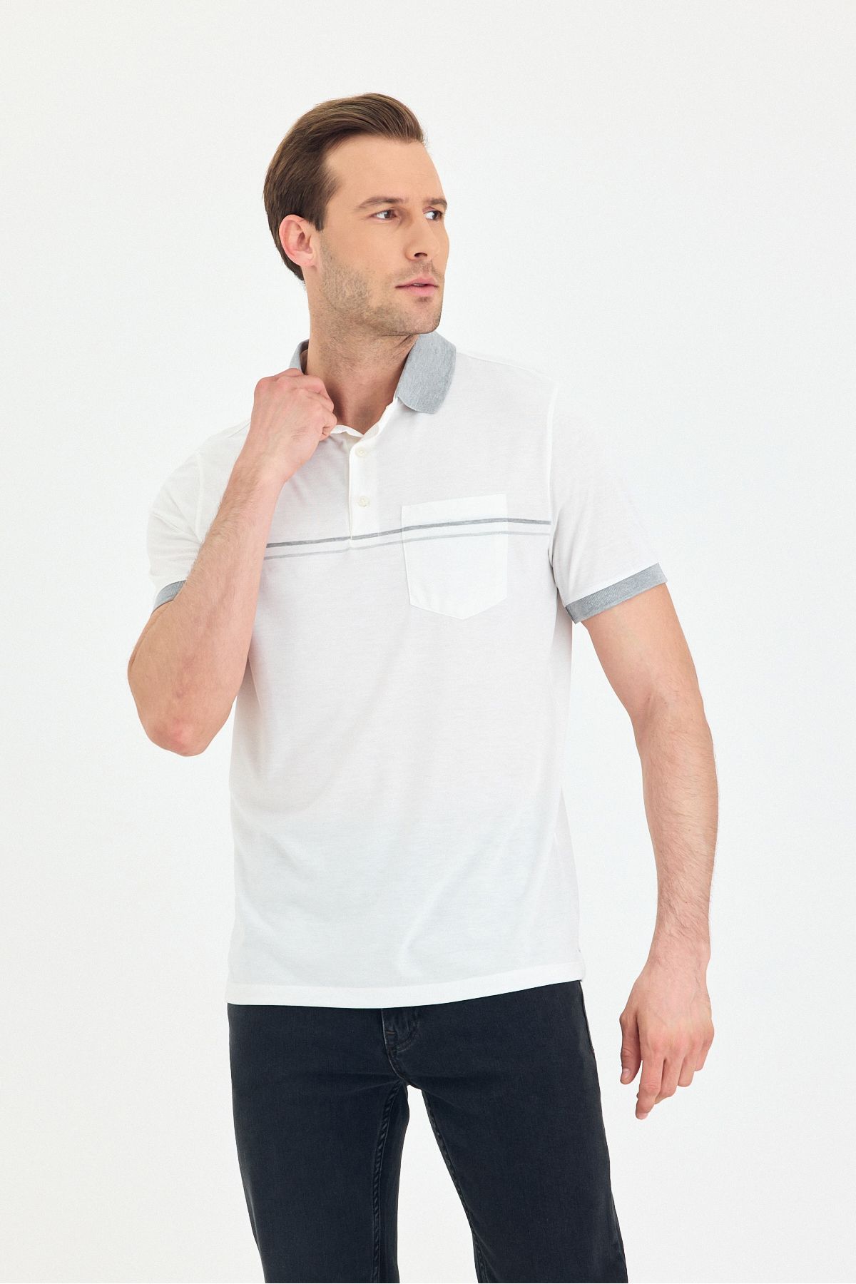 ENQUE Pamuk Çizgi Desenli Cepli Slim Fit Polo Yaka T Shirt