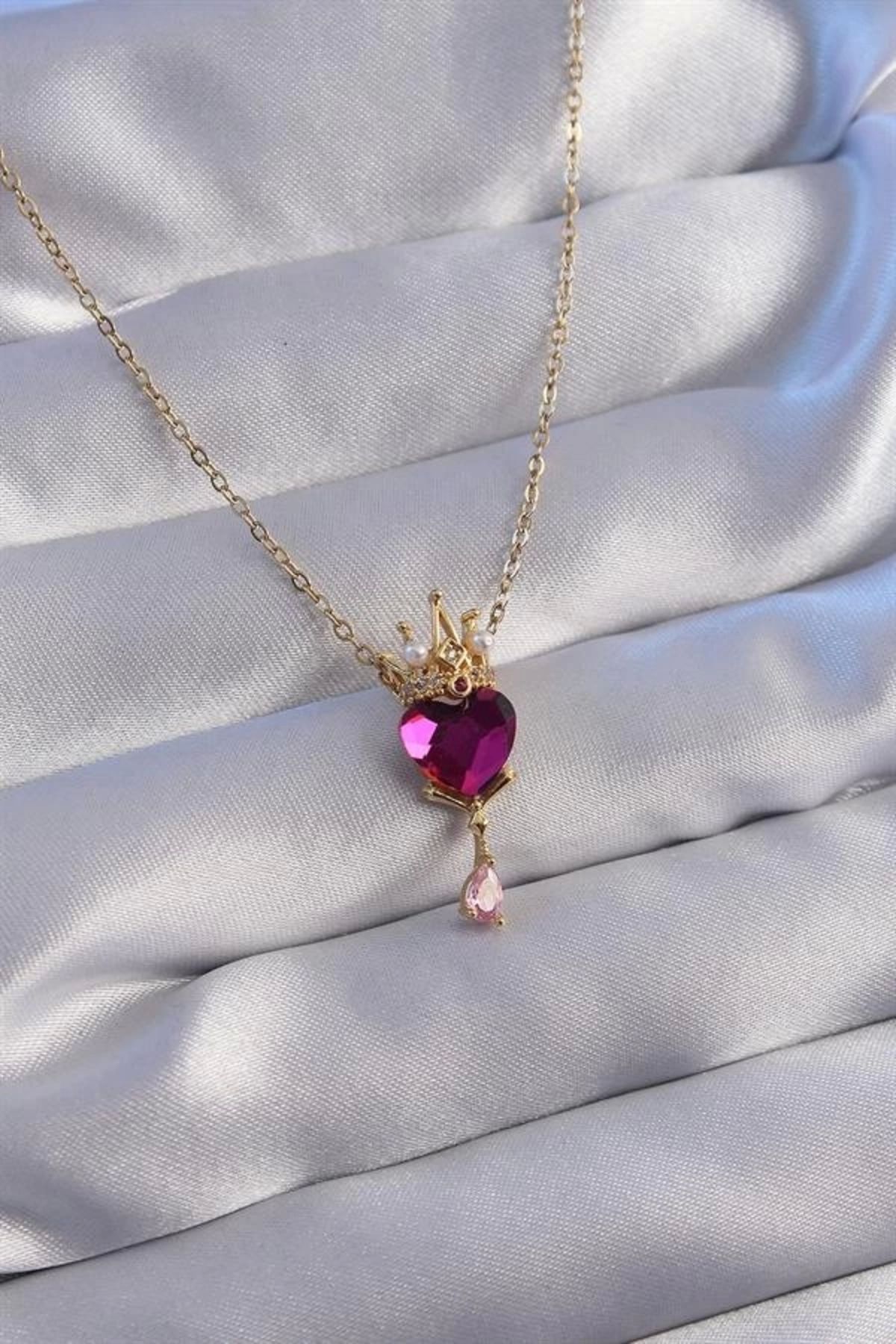 Lale Moda 316L Çelik Zincir Gold Renk Fuşya Zirkon Taşlı Damla Detay Rapunzel Model Kolye