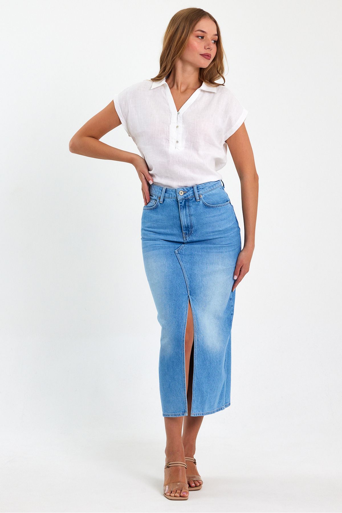 VENA Rita Midi Boy Med Blue Yırtmaçlı Jean Kalem Etek - MED BLUE