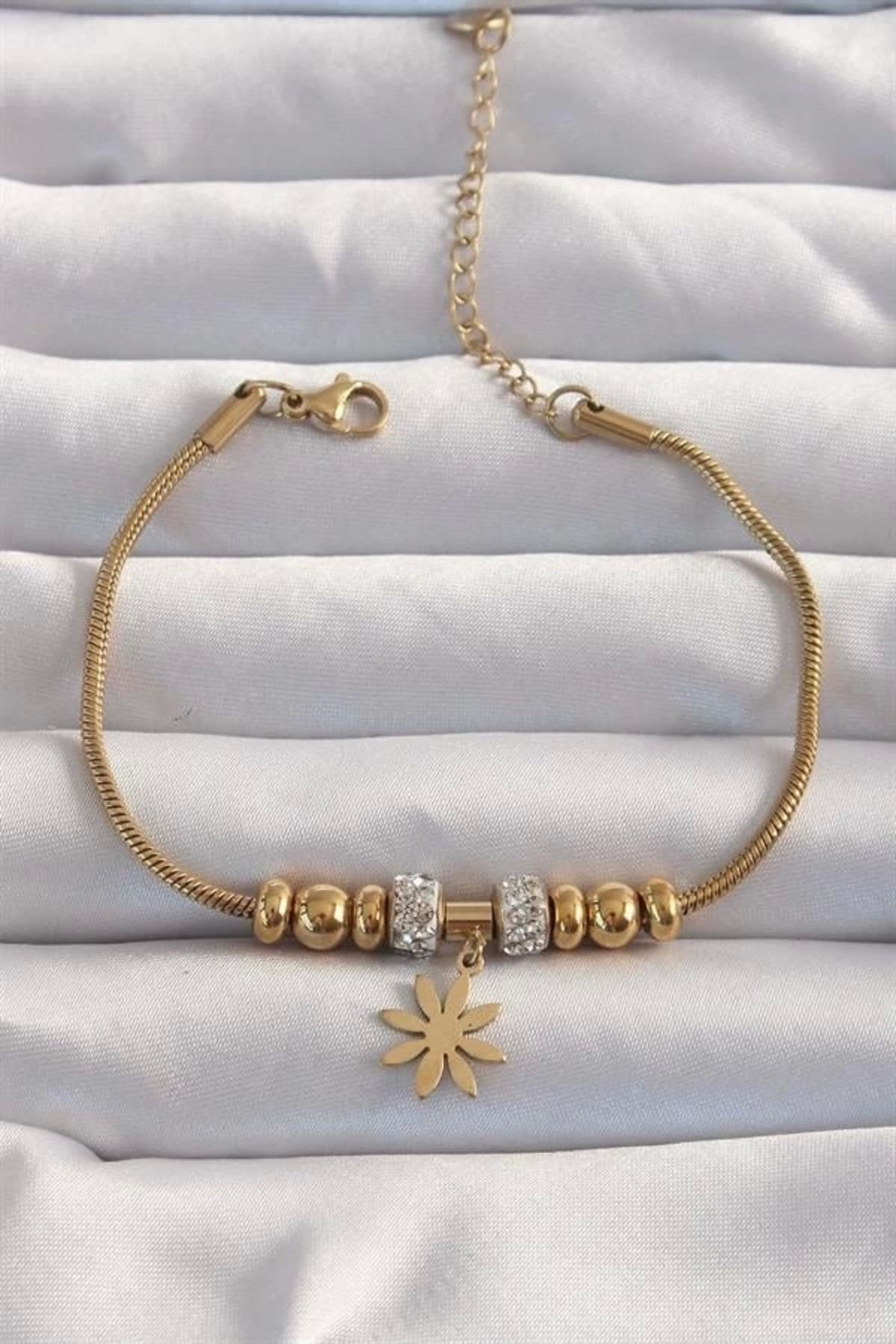 Lale Moda 316L Çelik Gold Renk Zirkon Taş Aksesuarlı Çiçek Bileklik