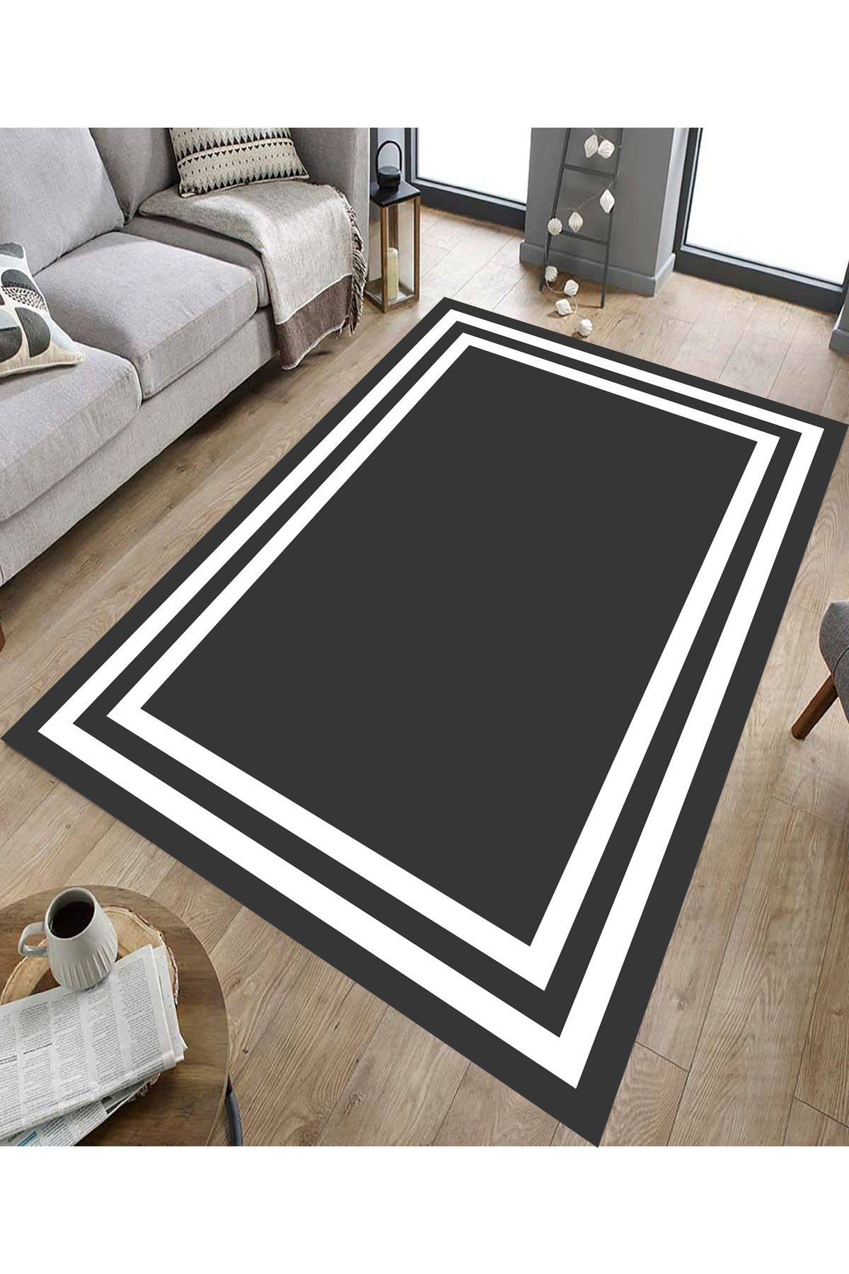 GNL HOME Antrasit Çerçeve Desenli Dijital Baskı Salon,Koridor,Mutfak,Balkon,Ofis Halısı