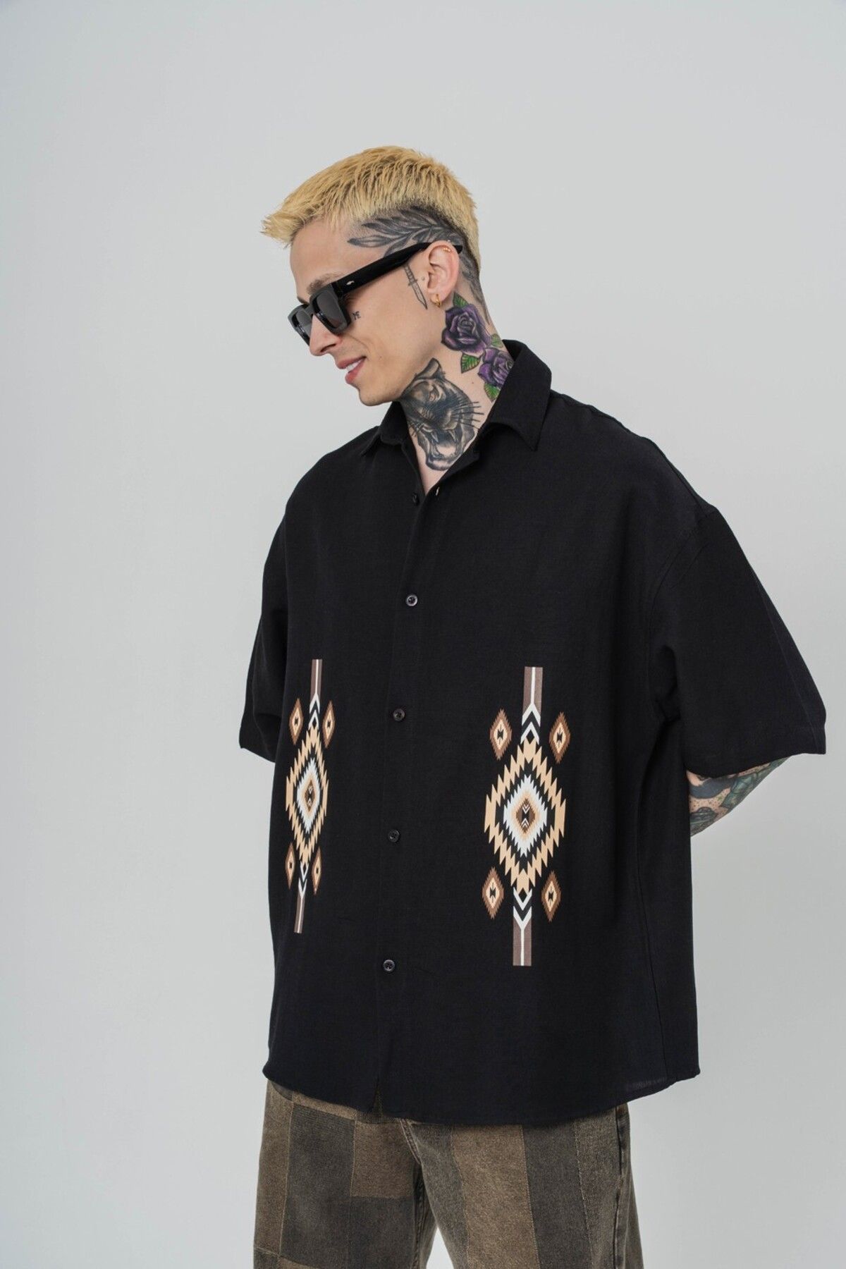 go gang own Motify Nakış Detaylı Oversize Keten Gömlek