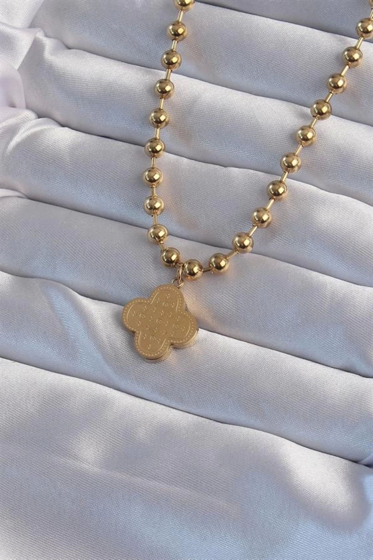 Lale Moda 316L Çelik Top Zincirli Gold Renk İşlemeli Yonca Model Kolye