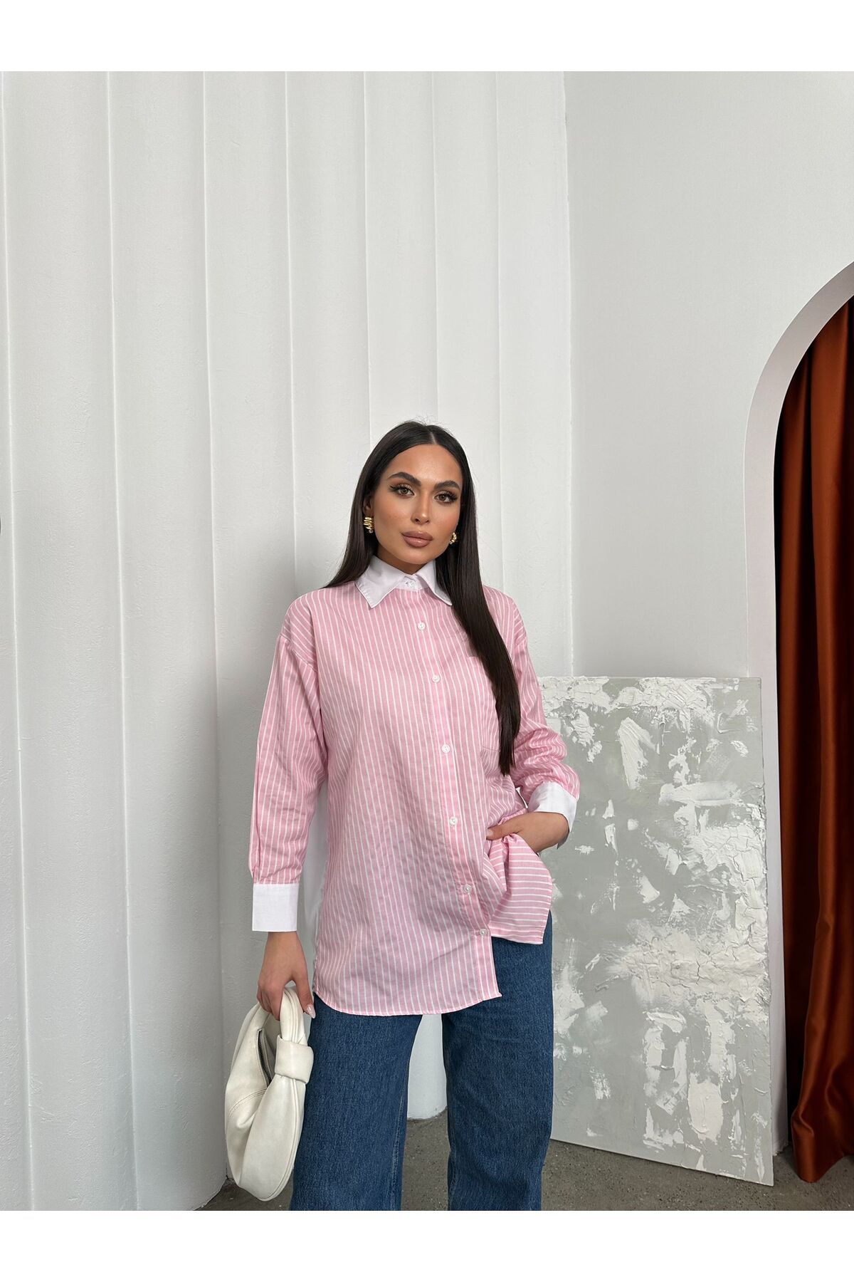 maf collection Kadın Pembe Uzun Kollu Çizgili Gömlek