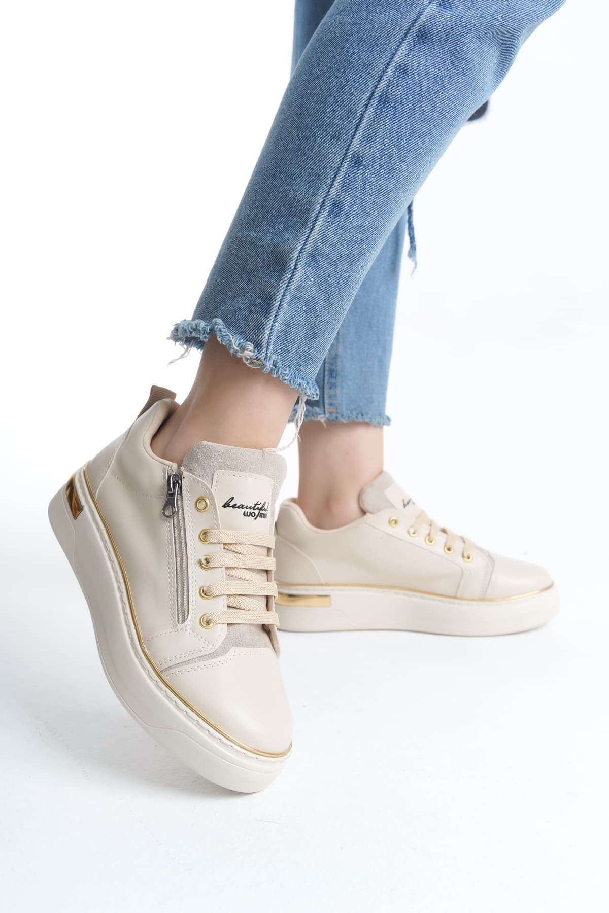 Joy DINA Bağcıklı Fermuarlı Ortopedik Taban Kadın Sneaker Spor Ayakkabı KT - Krem/Altın