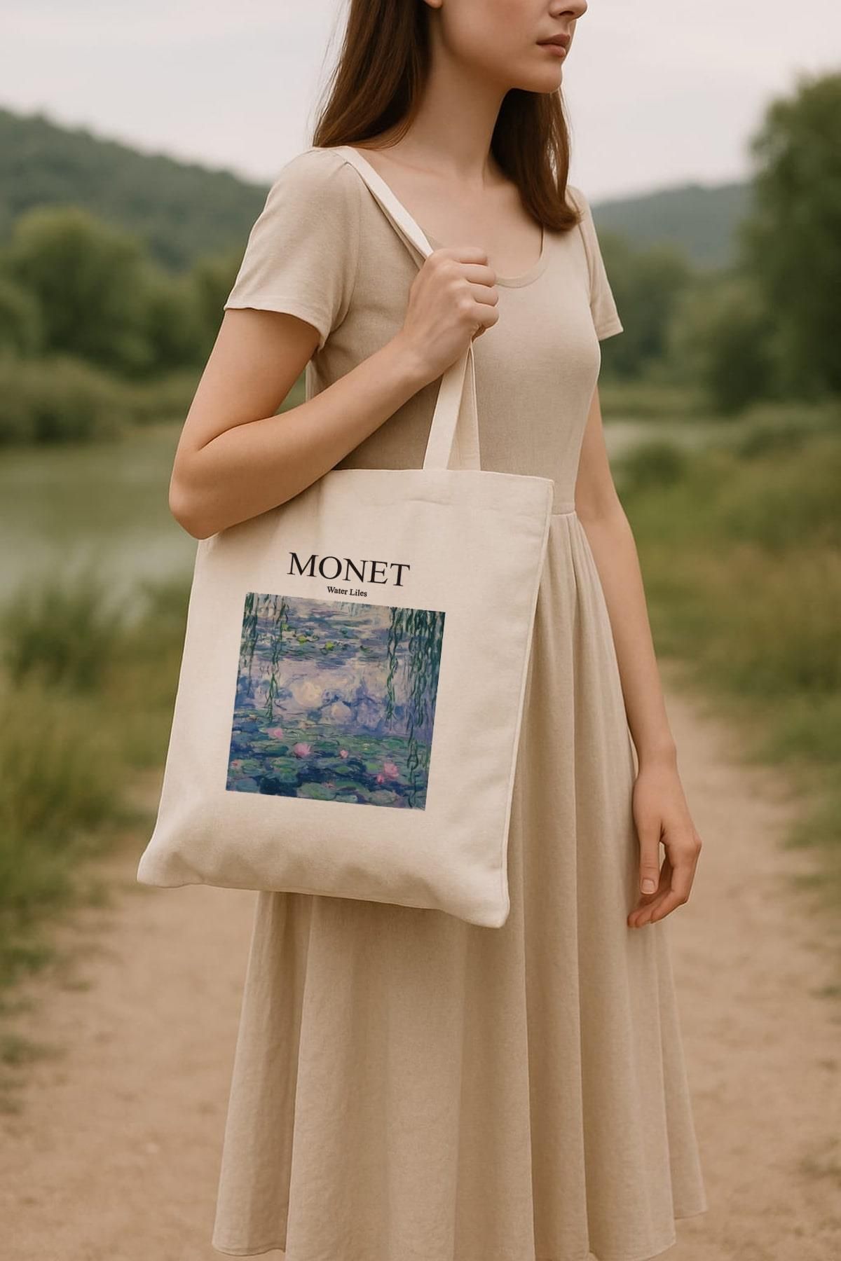 Çınar Bez Çanta Monet Baskılı Ham Bez Çanta