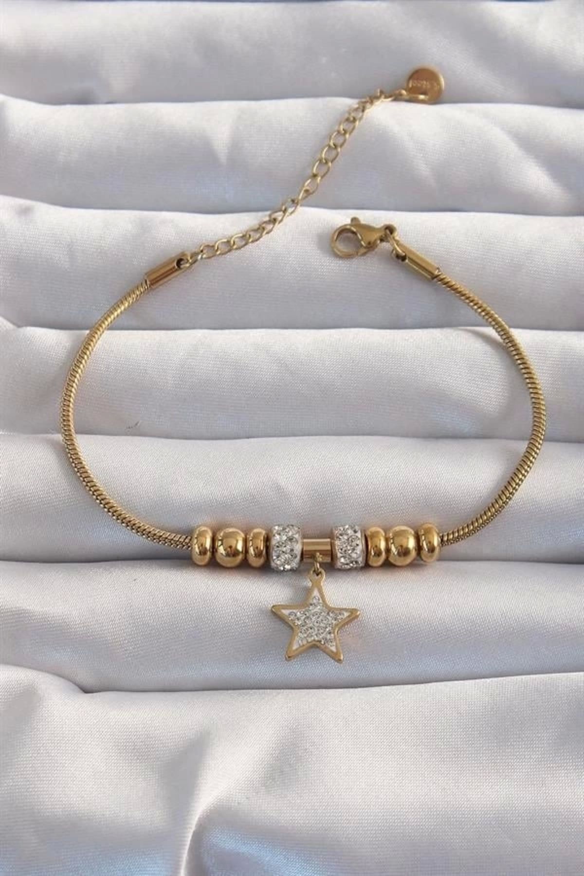 Lale Moda 316L Çelik Gold Renk Zirkon Taş Aksesuarlı Yıldız Bileklik