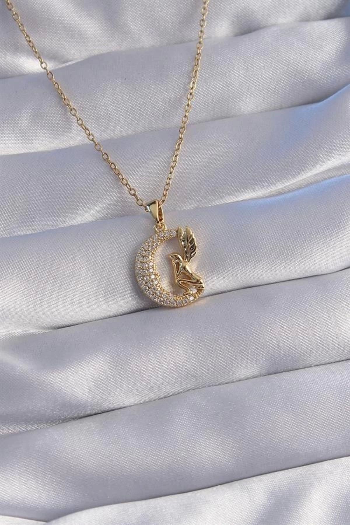 Lale Moda 316L Çelik Zincir Gold Renk Kuş Figürlü Zirkon Taşlı Ay Tasarımlı Kolye