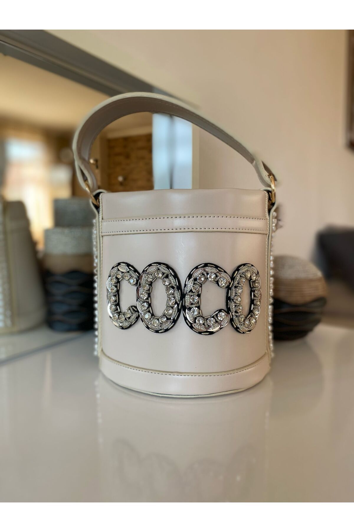 obenbags 🤍 Taşlı "COCO" Yazılı Beyaz Kova Model Kadın Çanta