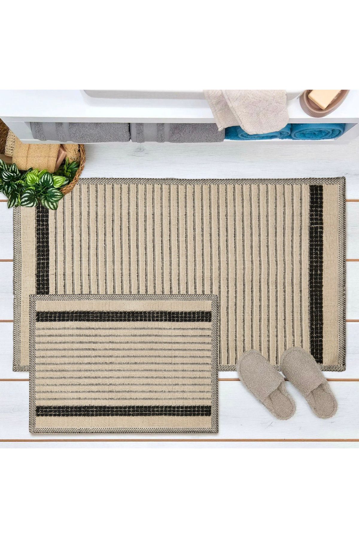 Evidea Soft Linya 2'li Banyo Paspası - Ekru - 60x100 cm + 50x60 cm