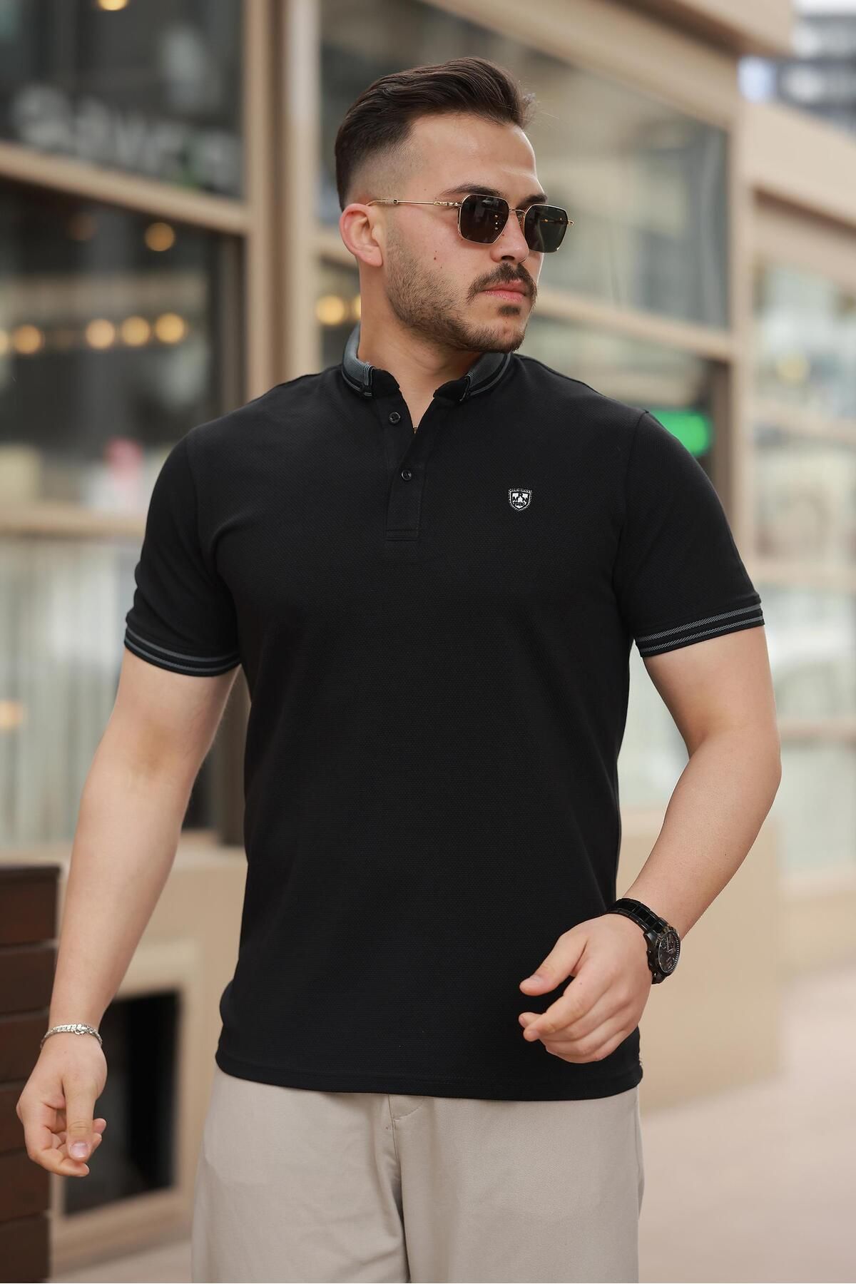 Miron Siyah Logo Nakışlı Polo Yaka Kısa Kollu Tişört -2518
