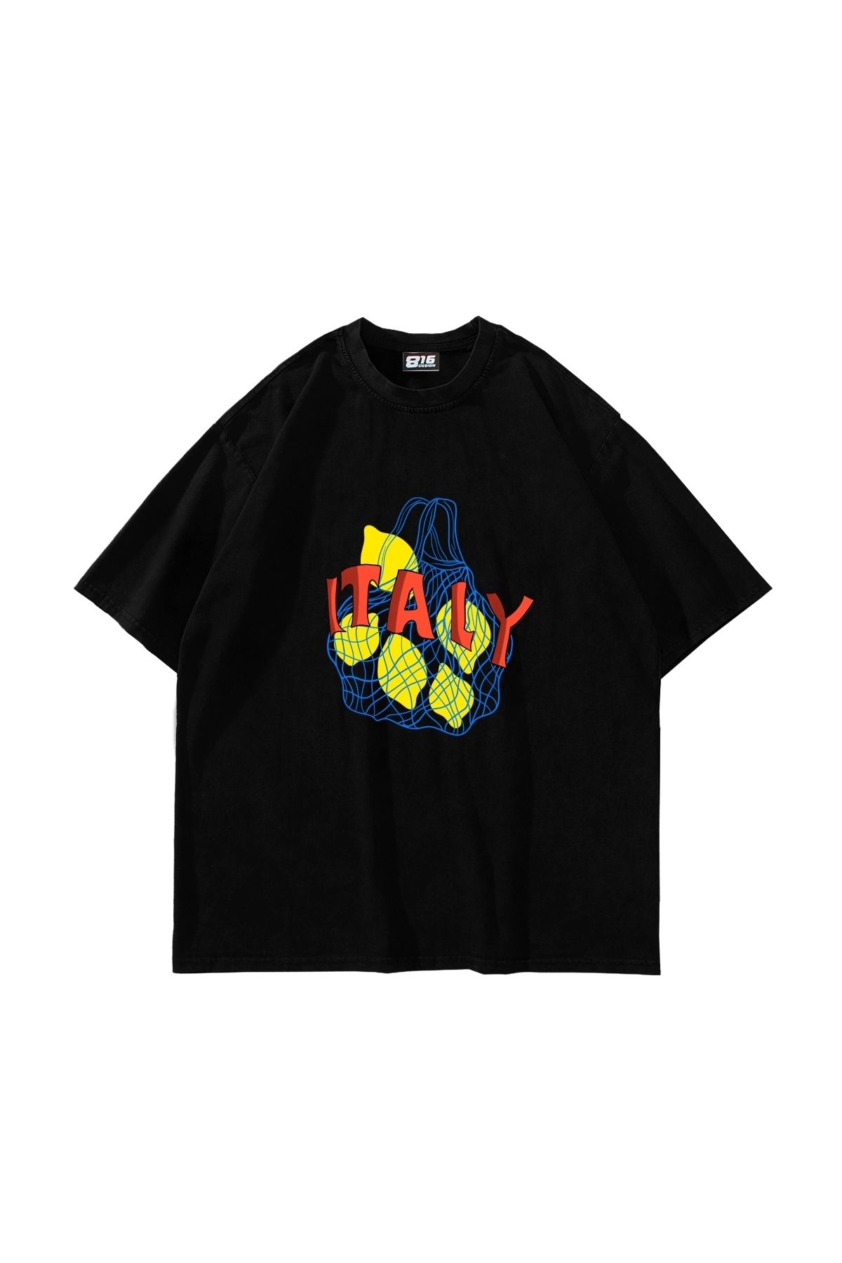 Sekizbiraltı İtaly Lemon Baskılı Oversize Unisex Siyah Tshirt