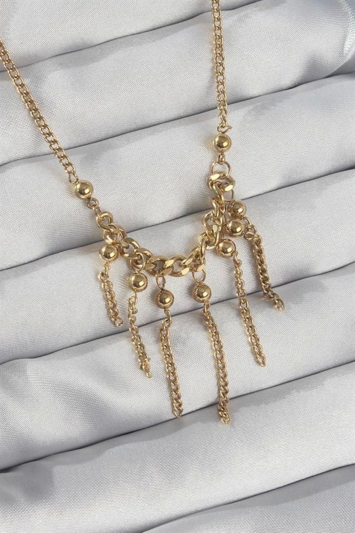 Lale Moda 316L Çelik Zincir Gold Renk Topçuk Detay Sallantılı Zincir Kolye