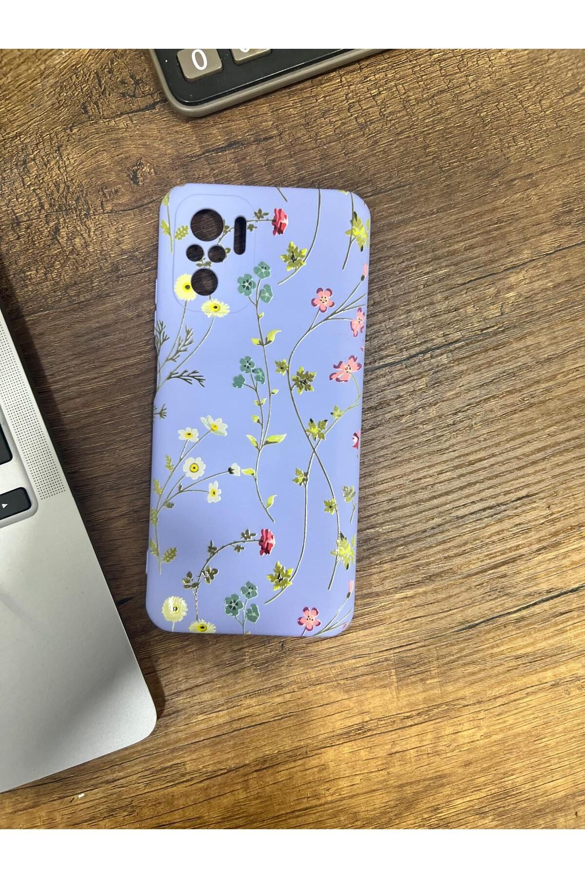 HZR Xiaomi Redmi Note 10 Bahar Çiçekleri Desenli Gri Silikon Kılıf