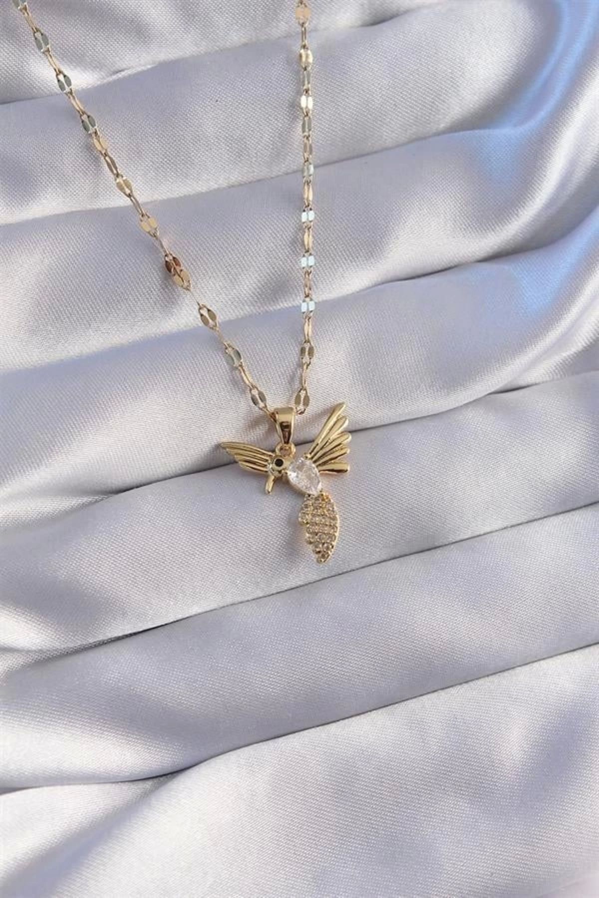 Lale Moda 316L Çelik Zincir Gold Renk Zirkon Taşlı Anka Kuşu Figürlü Kolye